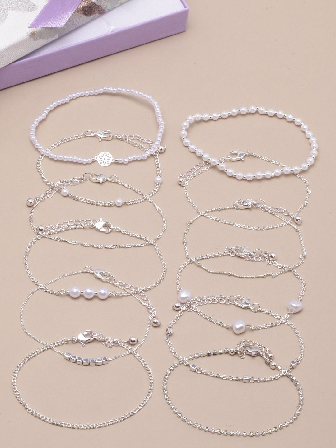 

KPOP Set Of 12 Silver-Plated Stone Studded & Beaded Charm Bracelets