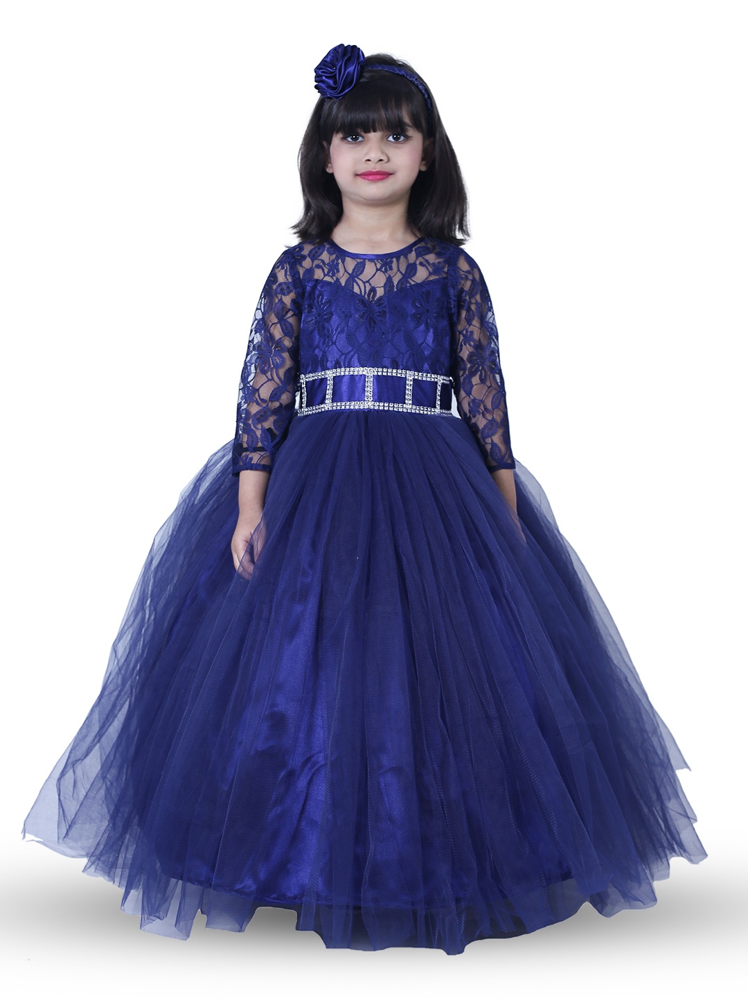 

Wish little Girls Self Design Lace Fit and Flare Gown Dress, Navy blue