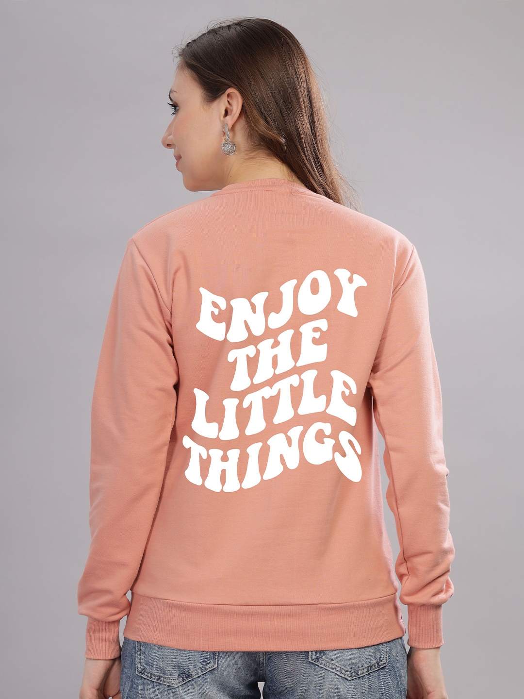 

FALTU.CO Women Typography Printed Round Neck Cotton Pullover Sweatshirt, Peach