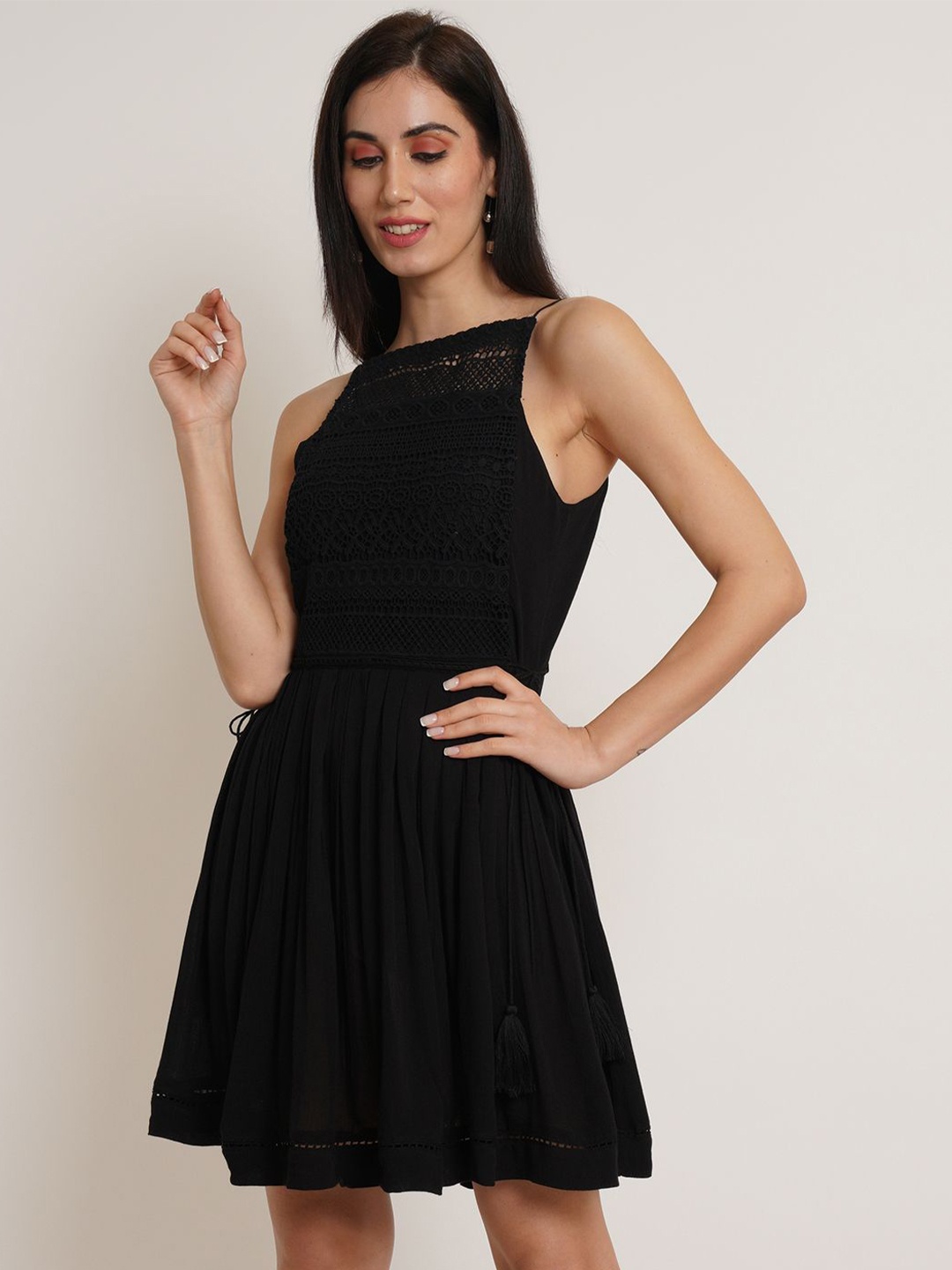 

Mast & Harbour Women Crepe Shoulder Straps Fit and Flare Midi Dress, Black
