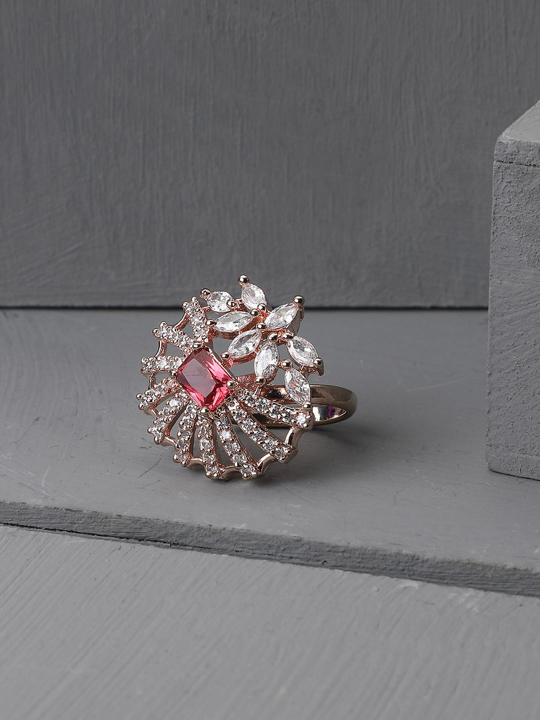 

ANIKAS CREATION Rose Gold-Plated American Diamond Studded Adjustable Finger Ring
