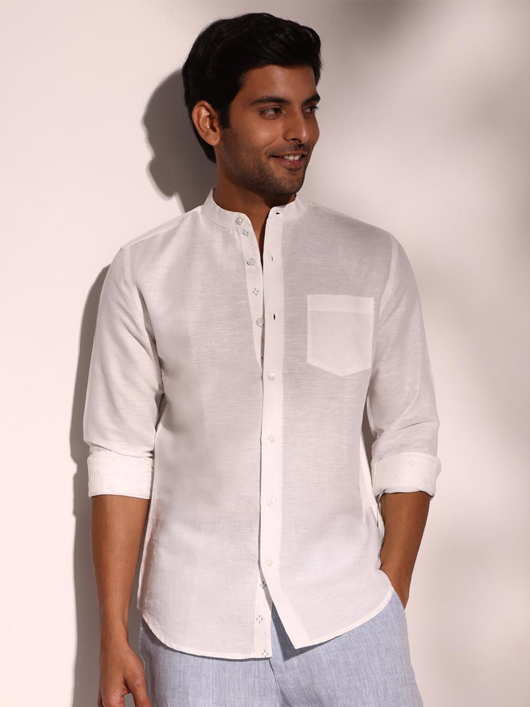 

Fabindia Men Slim Fit Solid Band Collar Casual Shirt, White