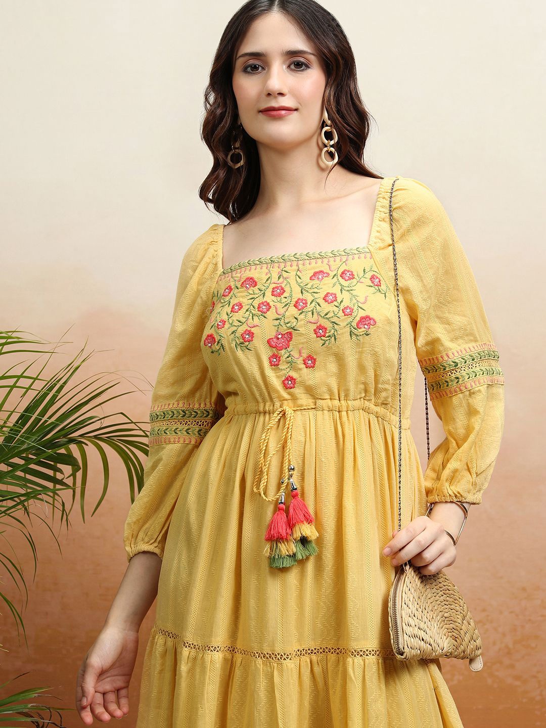 

Vishudh Self Design Embroidered Fit & Flare Cotton Mini Dress, Yellow