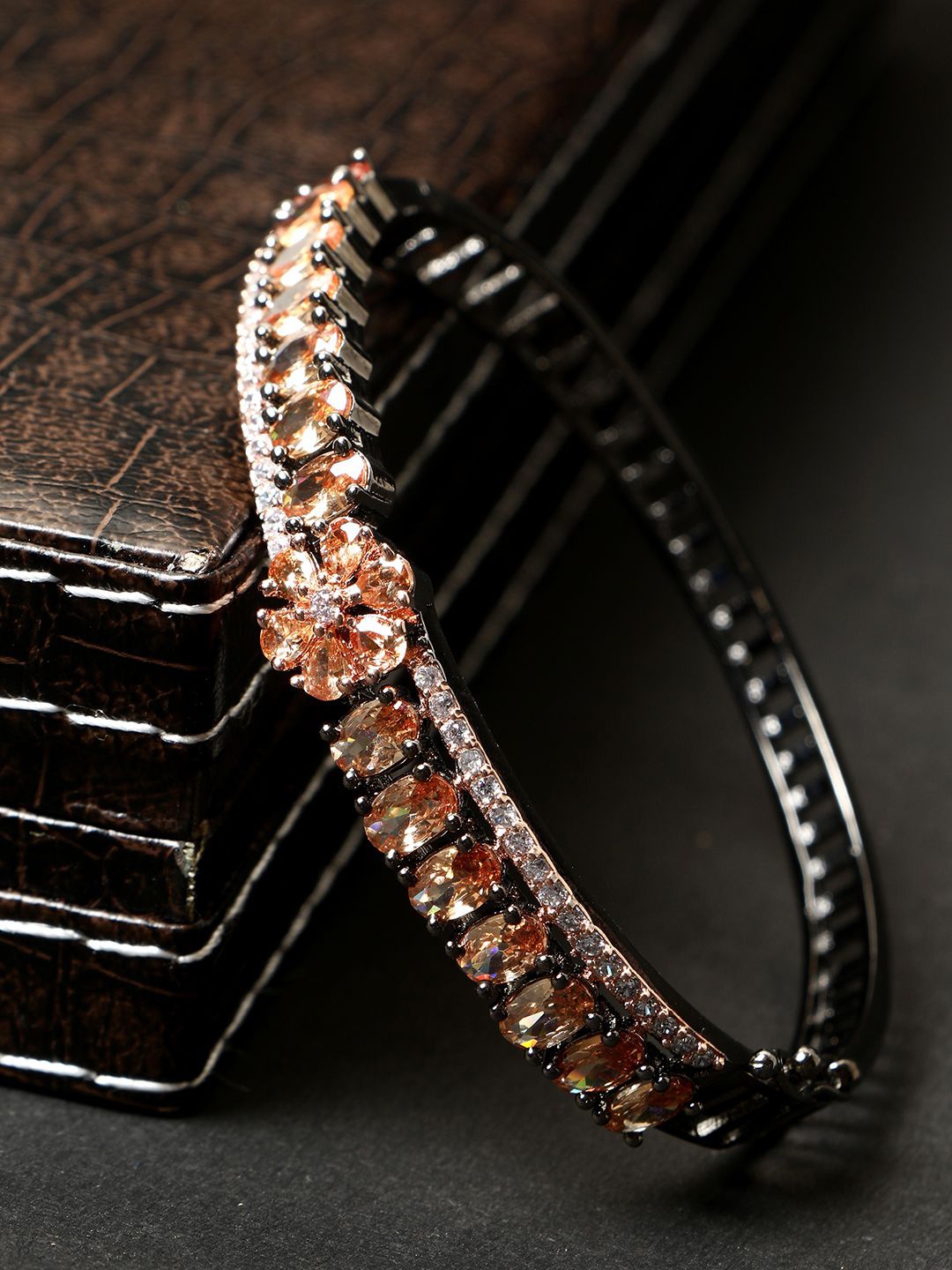 

ANIKAS CREATION Rhodium-Plated Stone Studded Bangle-Style Bracelet, Silver