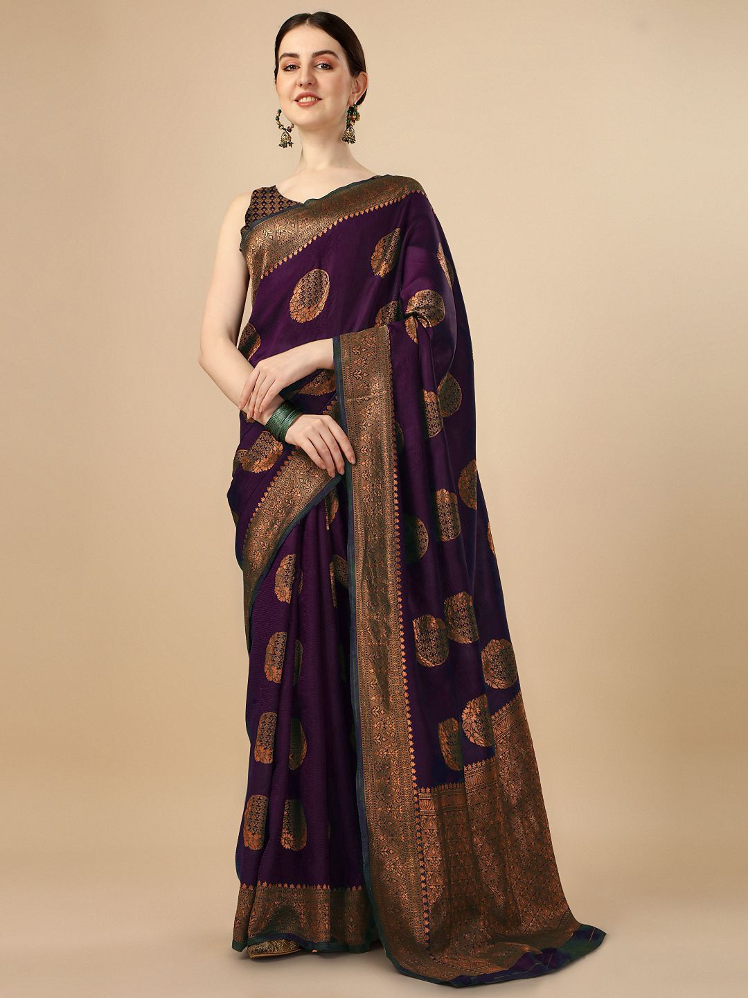 

QENY Woven Design Zari Banarasi Saree, Purple