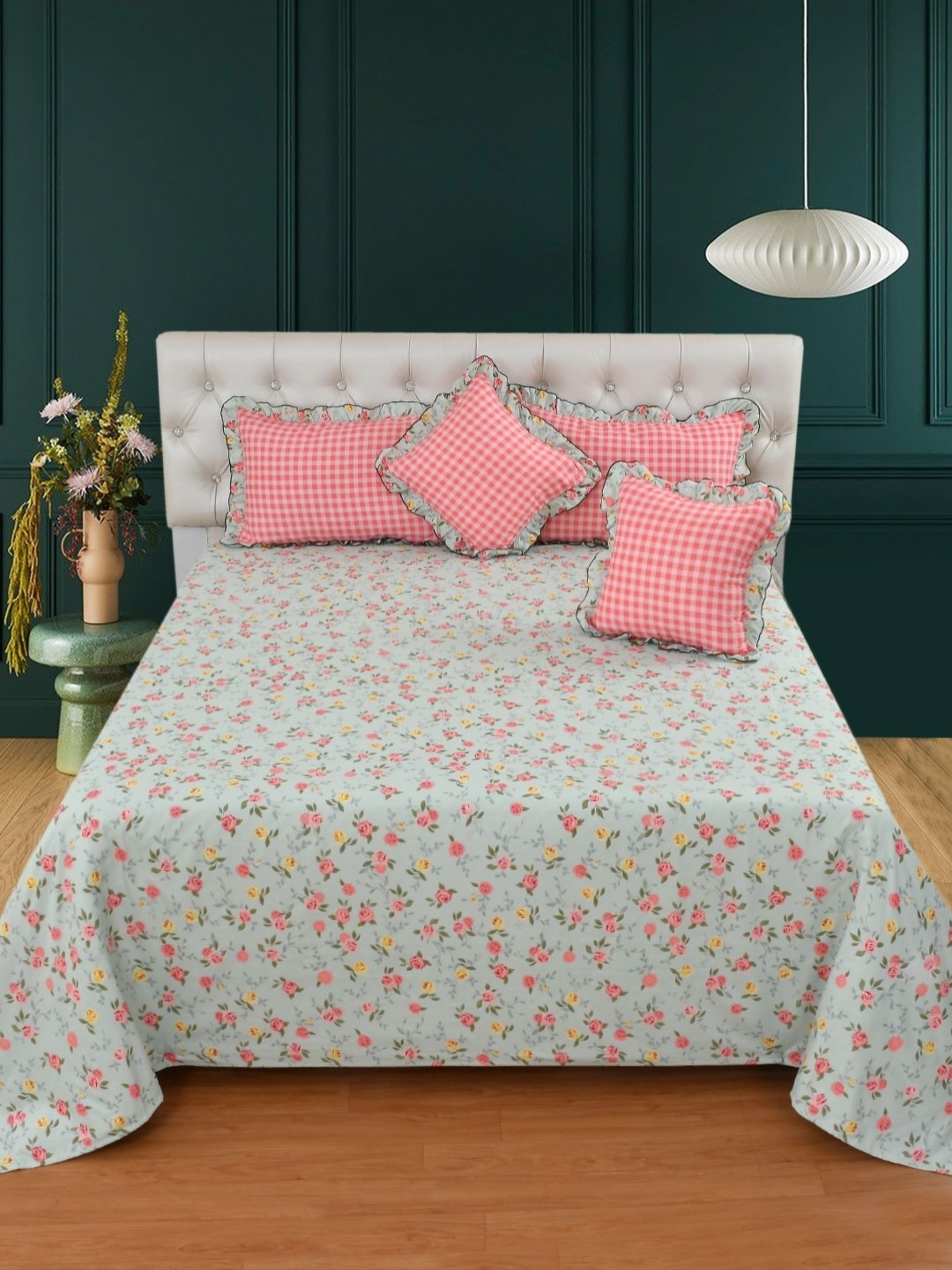 

BREVARD Green & Pink Floral 5 Pieces Floral Printed Double Queen Superfine Bedding Set