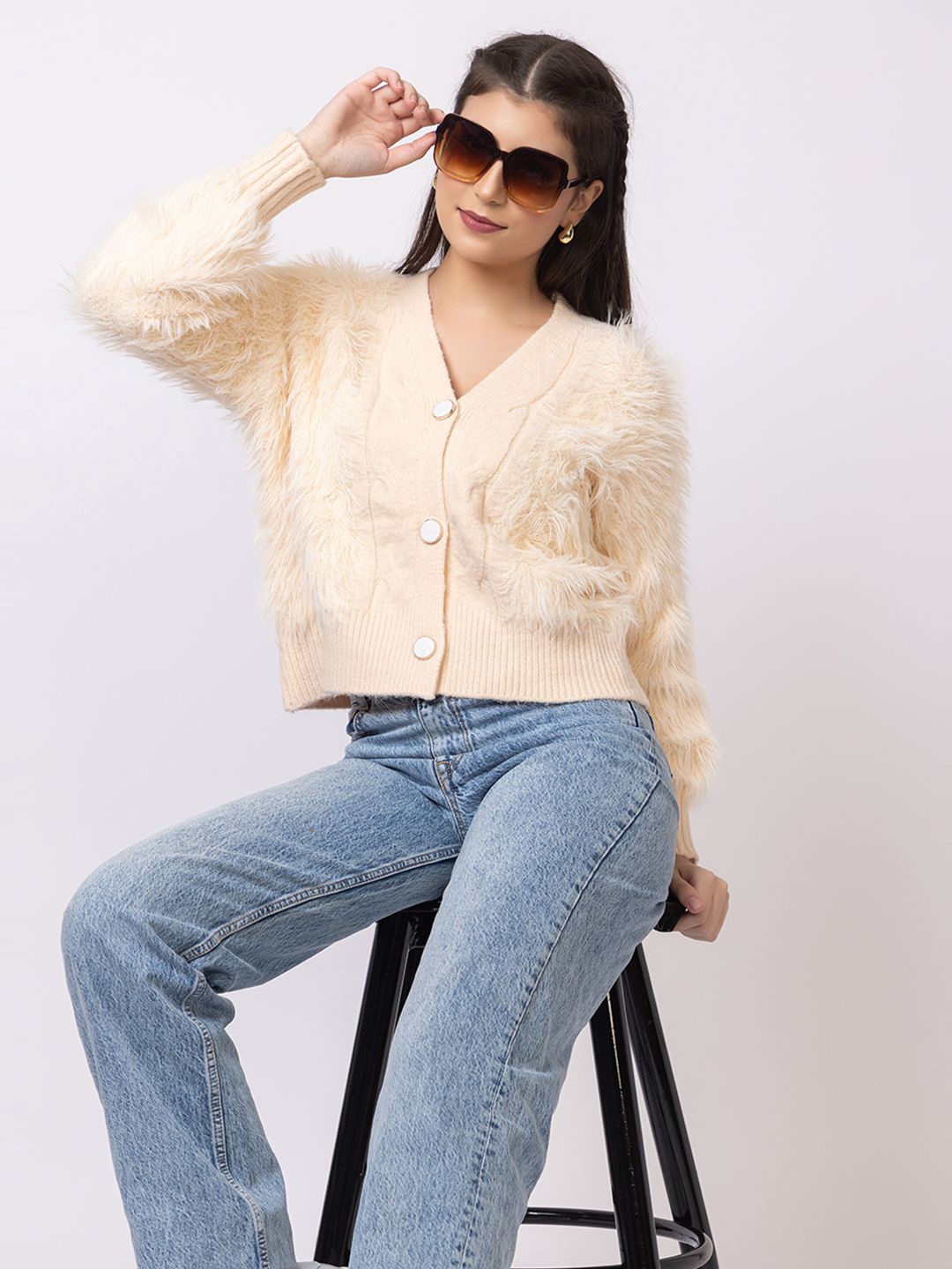 

GFO Women Faux Fur Crop Front Open Woollen Top, Cream