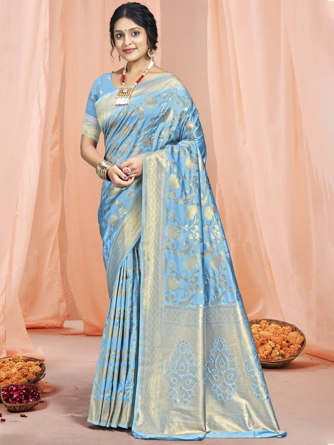 

SANGAM PRINTS Woven Design Zari Silk Blend Tussar Saree, Turquoise blue