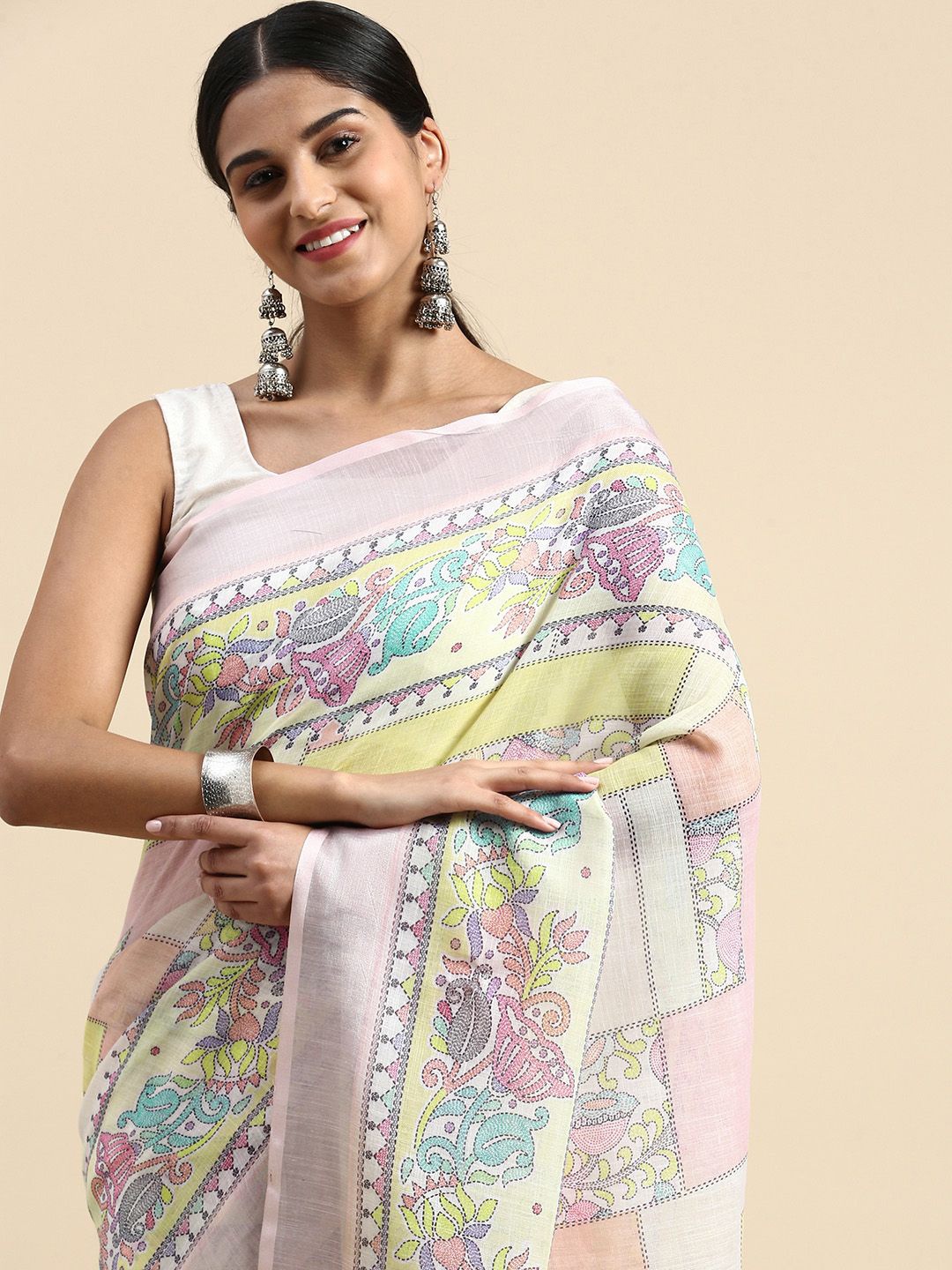 

Kandora Floral Printed Solid Border Saree With Blouse Piece, Lavender