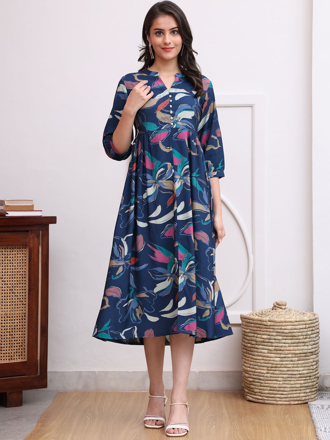 

Claura Women Mandarin Collar Cuffed Sleeves Floral Print Fit and Flare Midi Dress, Navy blue