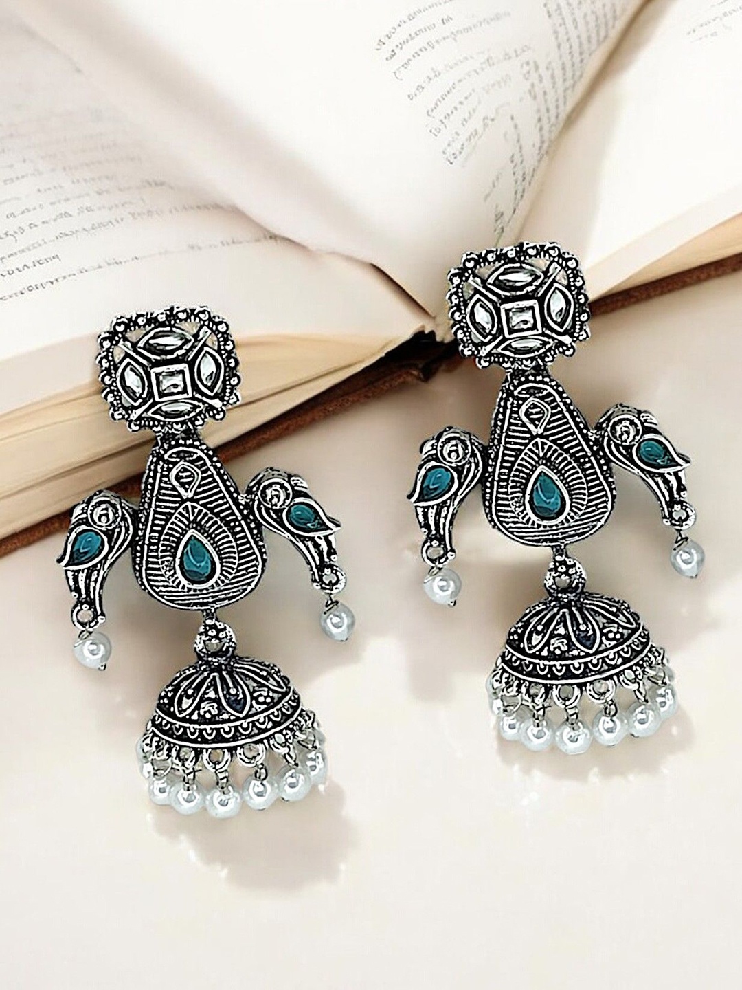

9blings Silver Plated Artificial Stones & Beads Studded Geometric Drop Earrings