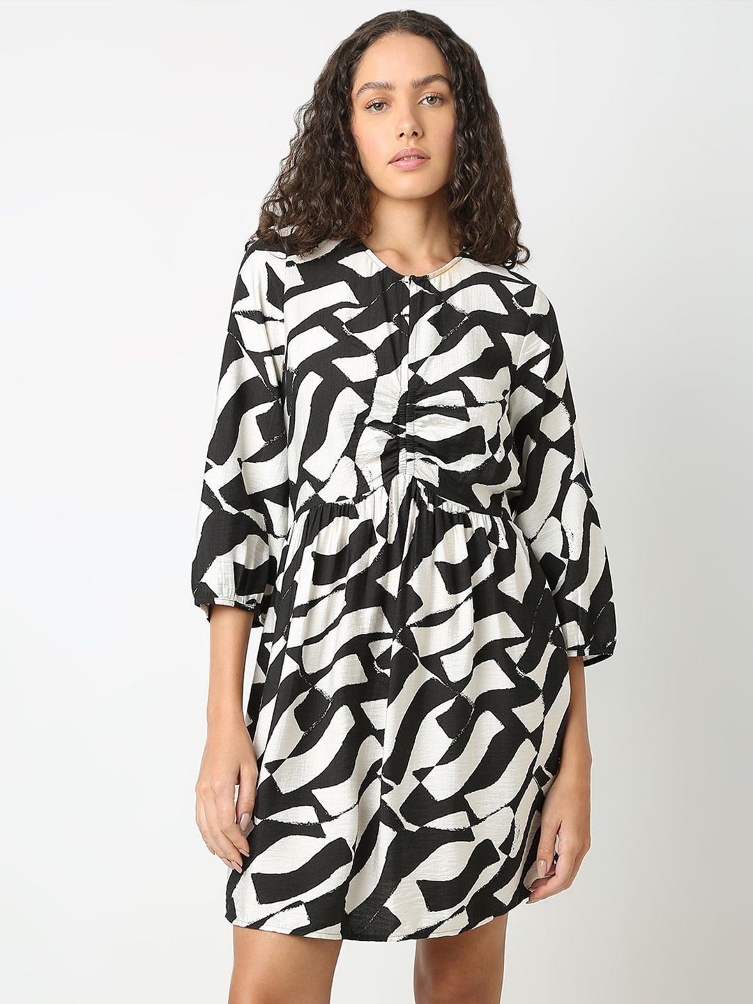 

Vero Moda Women Printed Bishop Sleeve Fit & Flare Dress, Black