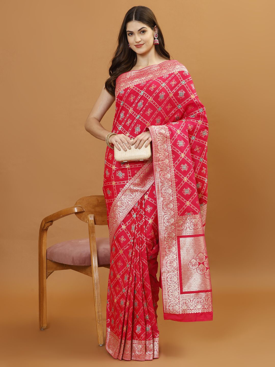 

Meena Bazaar Woven Design Zari Banarasi Saree, Pink