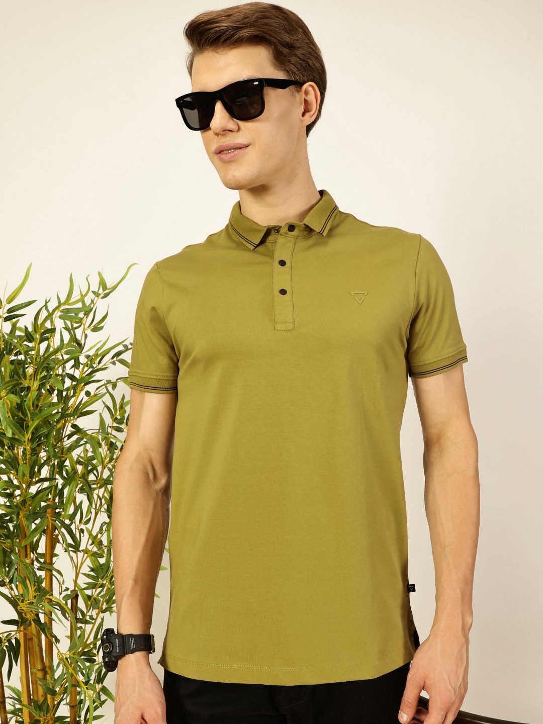 

Thomas Scott Men Solid Polo Collar Cotton T-shirt, Olive