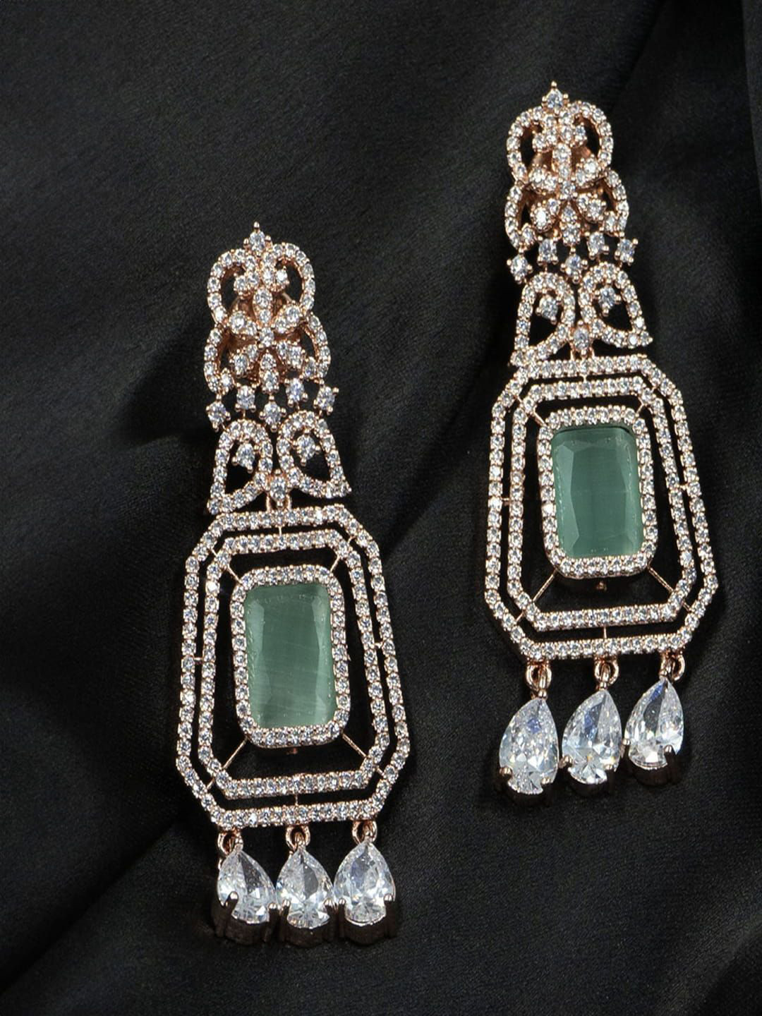 

SHARLEEZ American Diamond Rhodium Plated Geometric Drop Earrings, Green