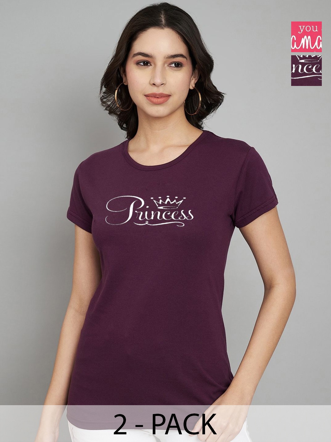 

Trend Level Women Pack Of 2 Typography Printed Round Neck Cotton T-shirts, Burgundy