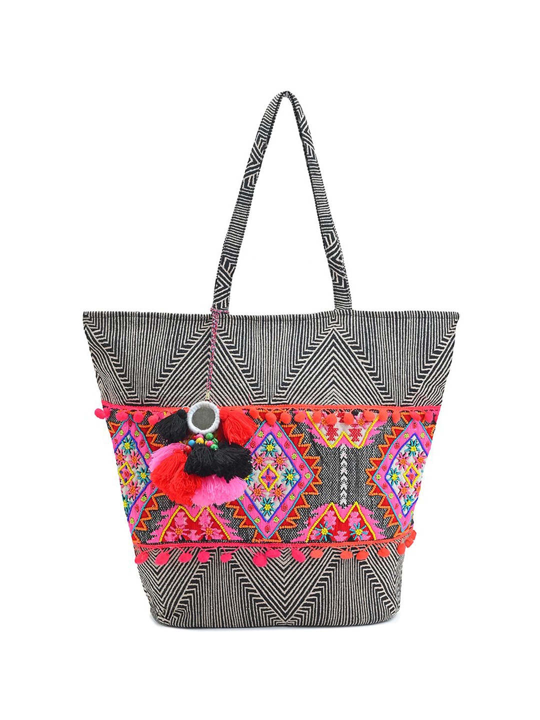 

BohoGirl Women Ethnic Motifs Printed Oversized Shopper Tote Bag with Tasselled, Black
