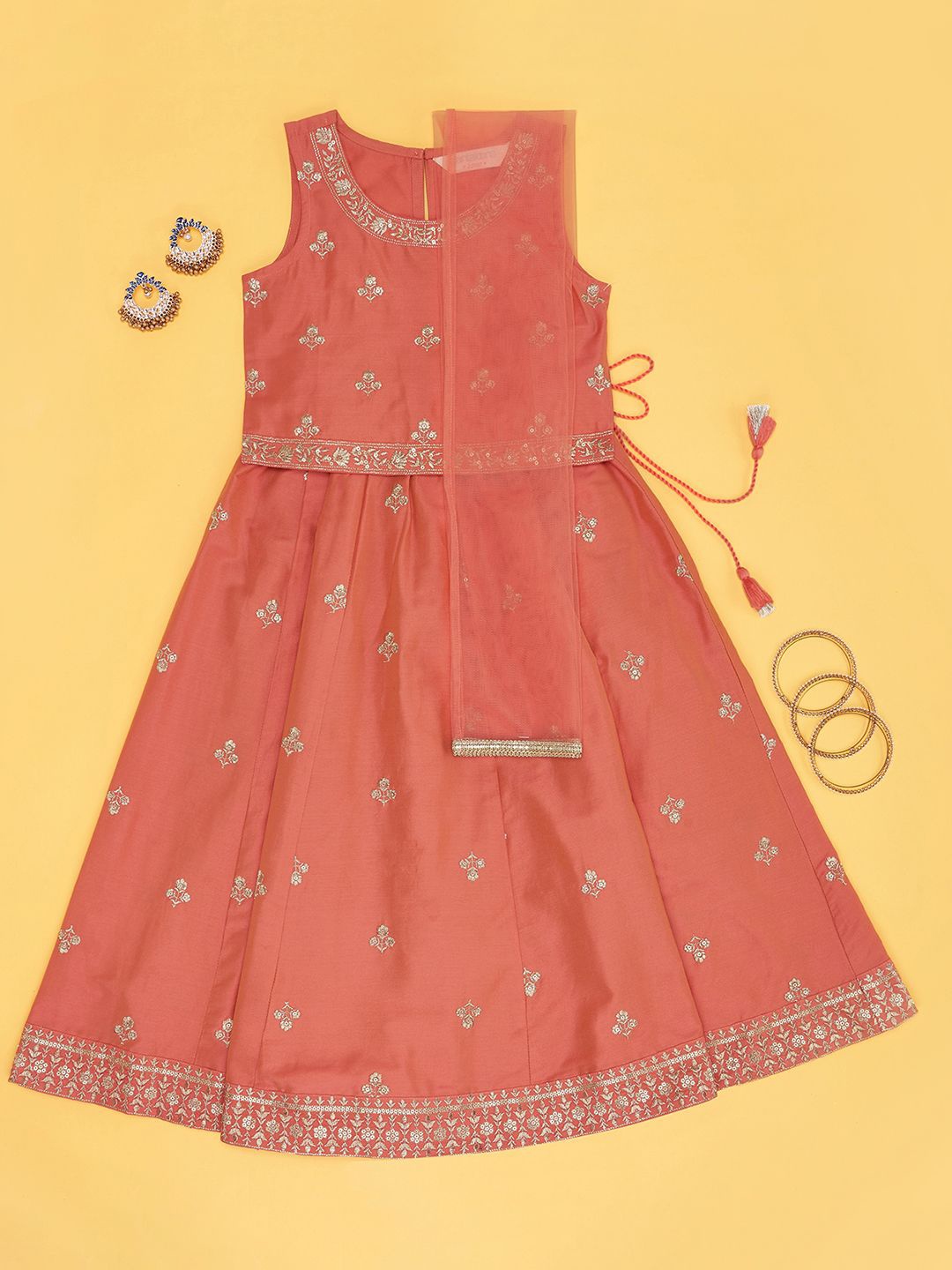 

AKKRITI BY PANTALOONS Girls Embroidered Ready to Wear Lehenga & Blouse With Dupatta, Orange