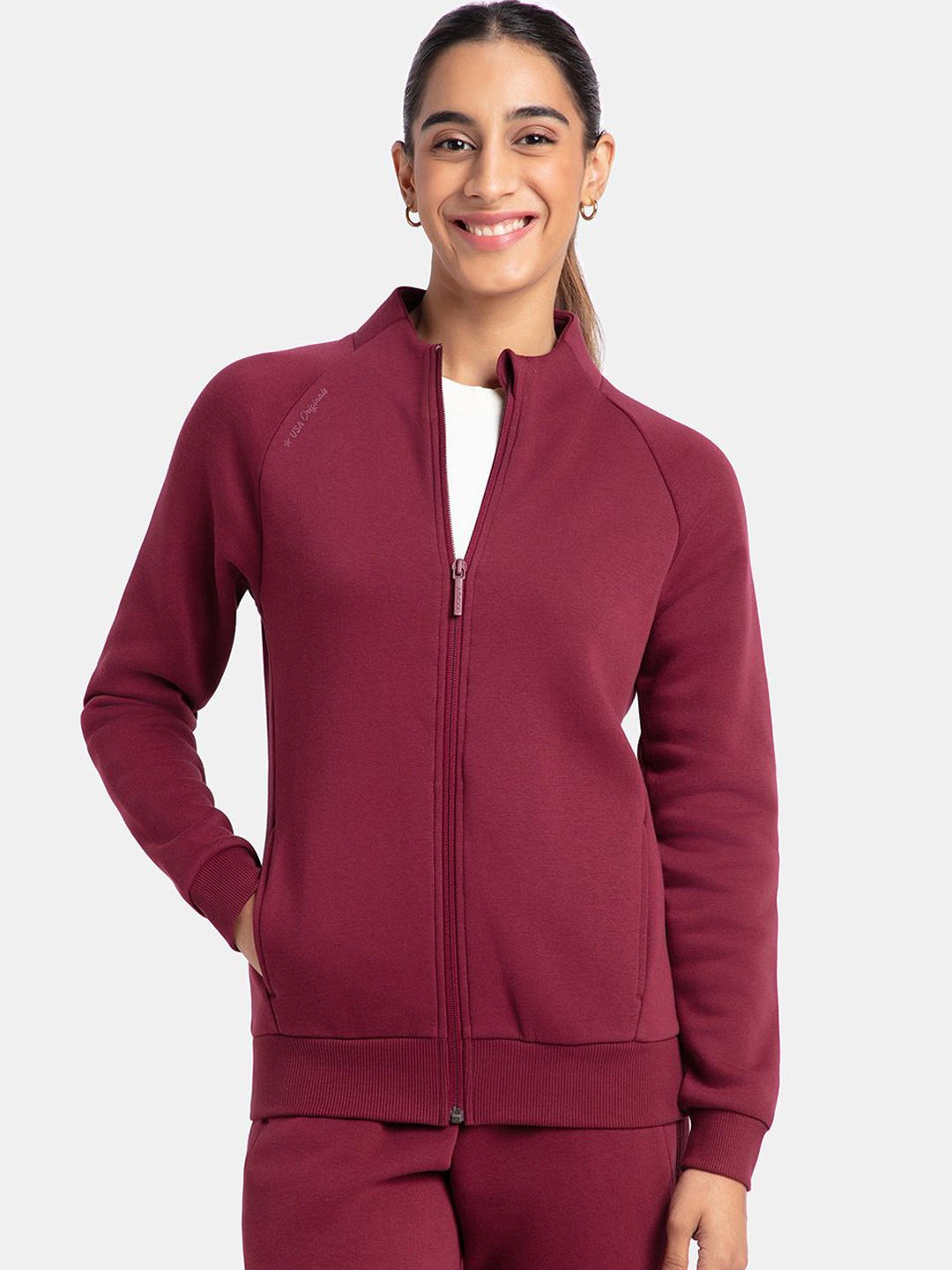 

Jockey Relaxed Fit High Neck Cotton Fleece Sporty Jacket, Maroon
