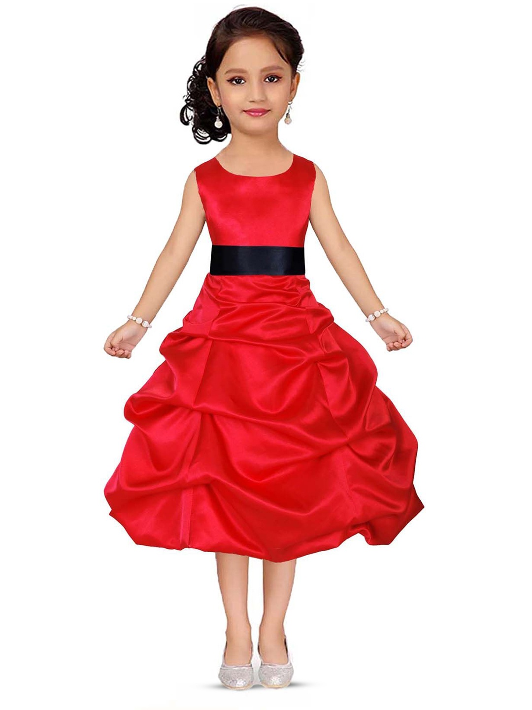 

Wish little Girls Satin Round Neck Fit and Flare Dress, Red