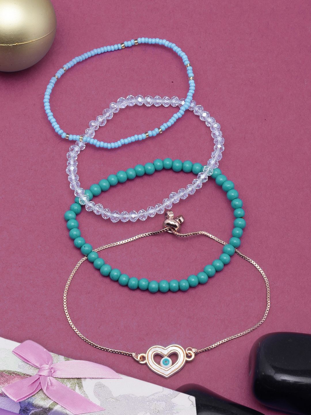 

KPOP Set Of 4 Rose Gold-Plated Stone Studded Charm Bracelets