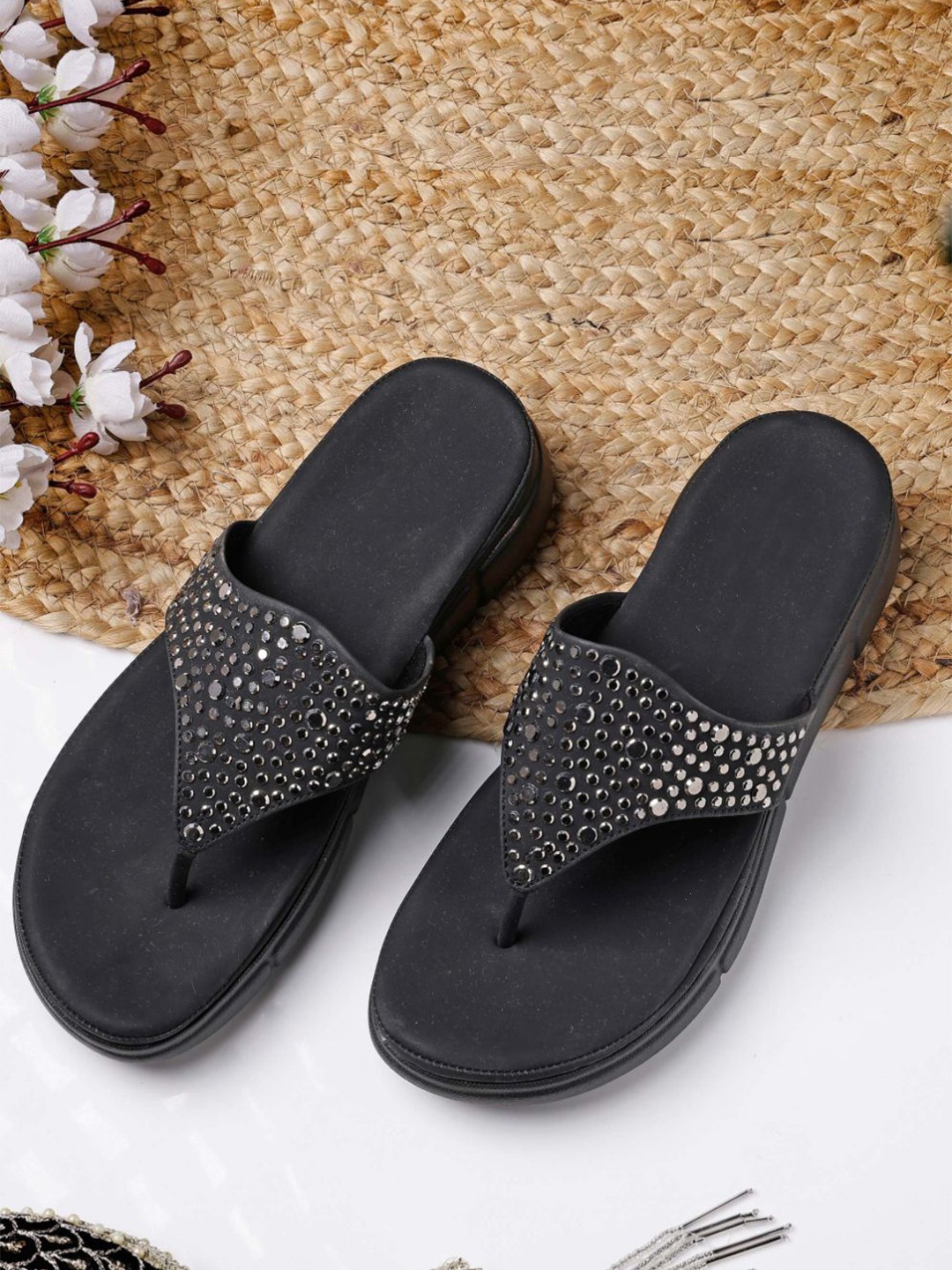 

NATSHUZ Embellished T- Strap Heels, Black