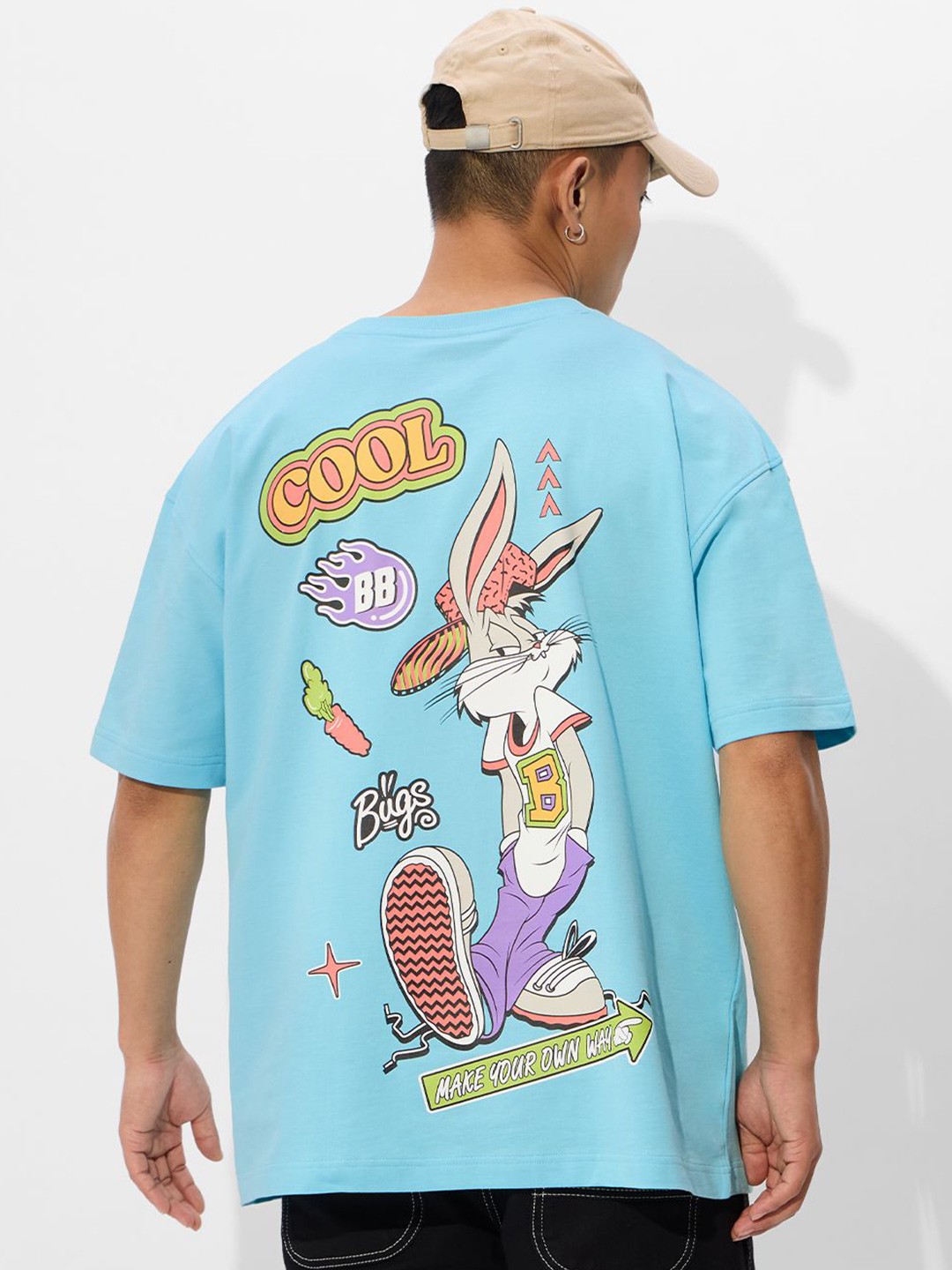 

The Souled Store Men Bugs Bunny Graphic Printed Round Neck Cotton Oversized T-shirt, Blue