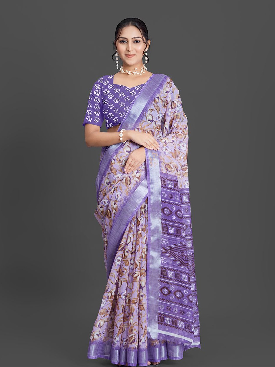 

NIRMAL CREATION Floral Printed Saree With Zari Border, Lavender