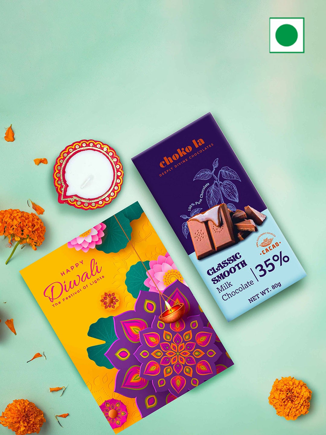 

choko la Classic Smooth Chocolate With Gift Card & Diya, Orange