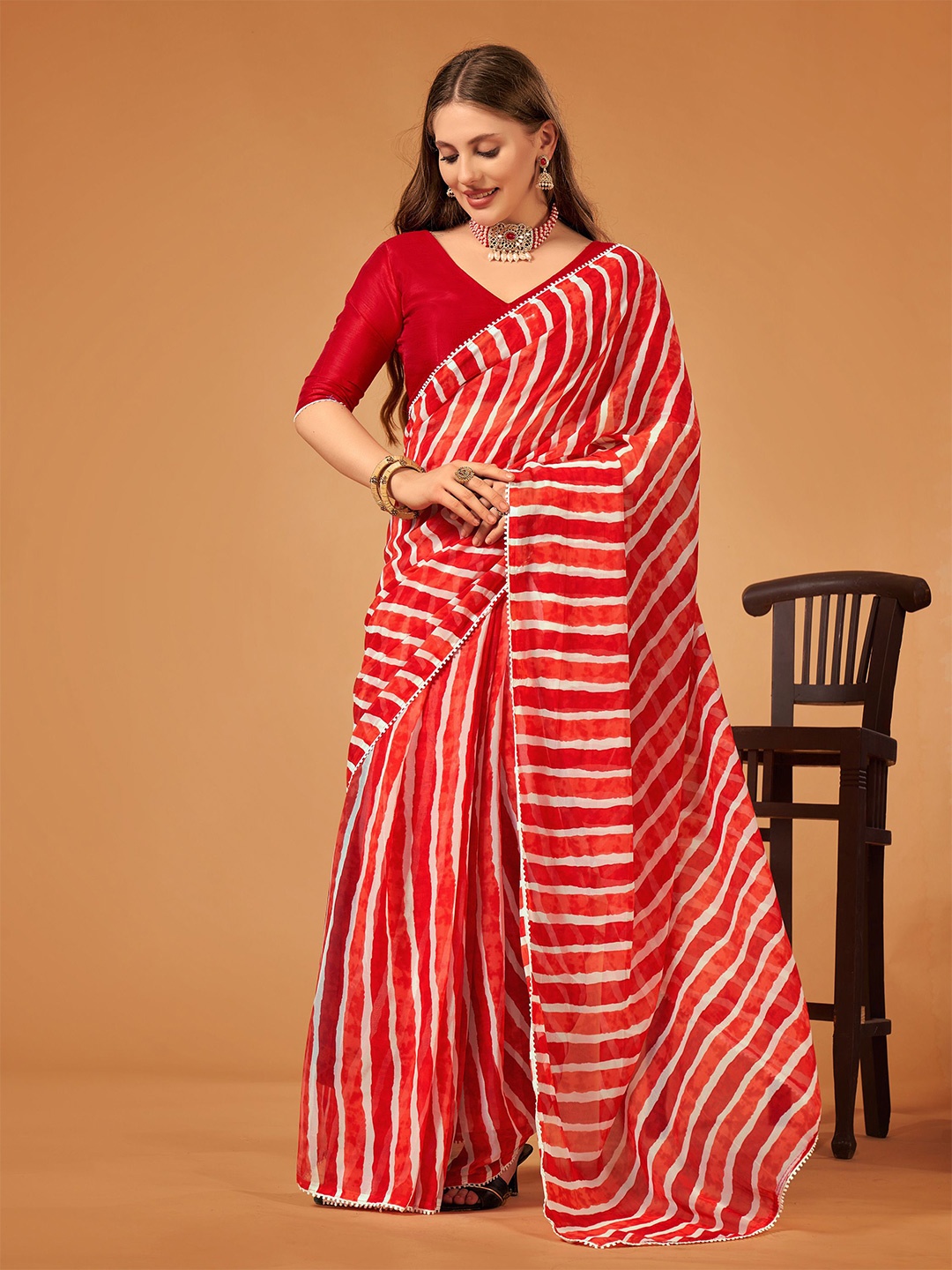 

limtd Women Pure Georgette Ready to Wear Leheriya Saree, Red