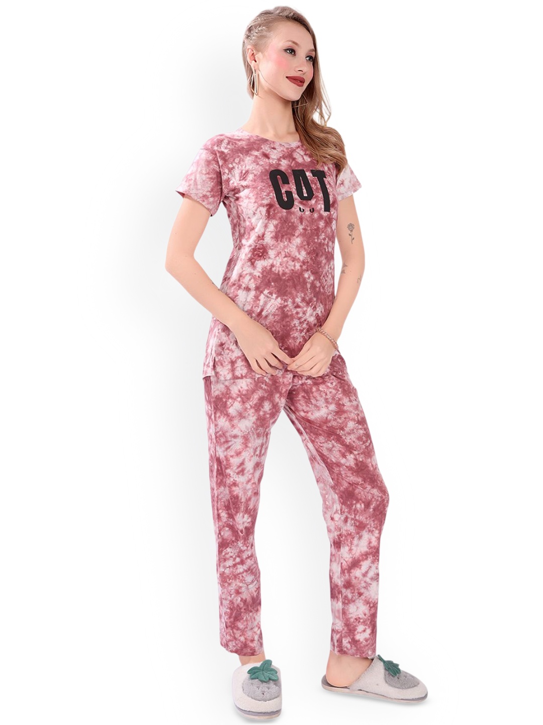 

FOMTI Women Tie and Dye Night suit, Pink