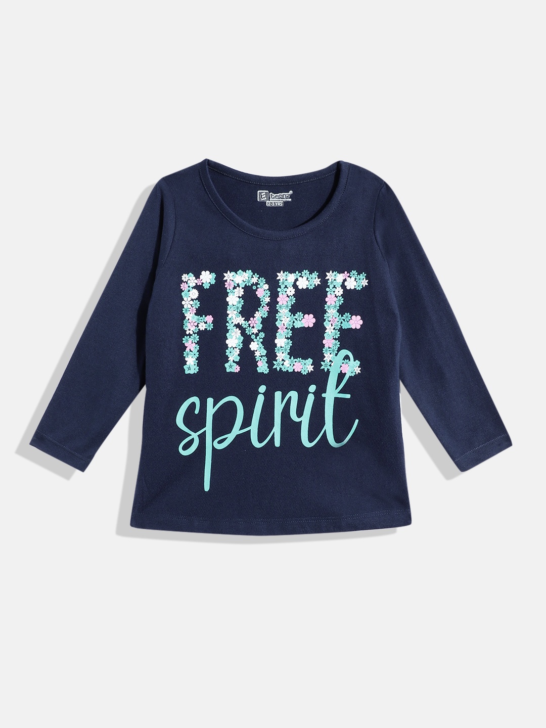 

Eteenz Girls Typography Printed Pure Cotton T-shirt, Navy blue