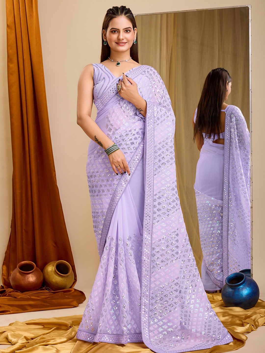 

VAIRAGEE Ethnic Motifs Sequinned Poly Georgette Party Ready to Wear Saree, Lavender