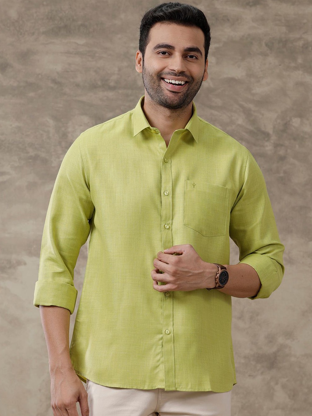 

RAMRAJ Men Solid Full Sleeve Shirt, Green