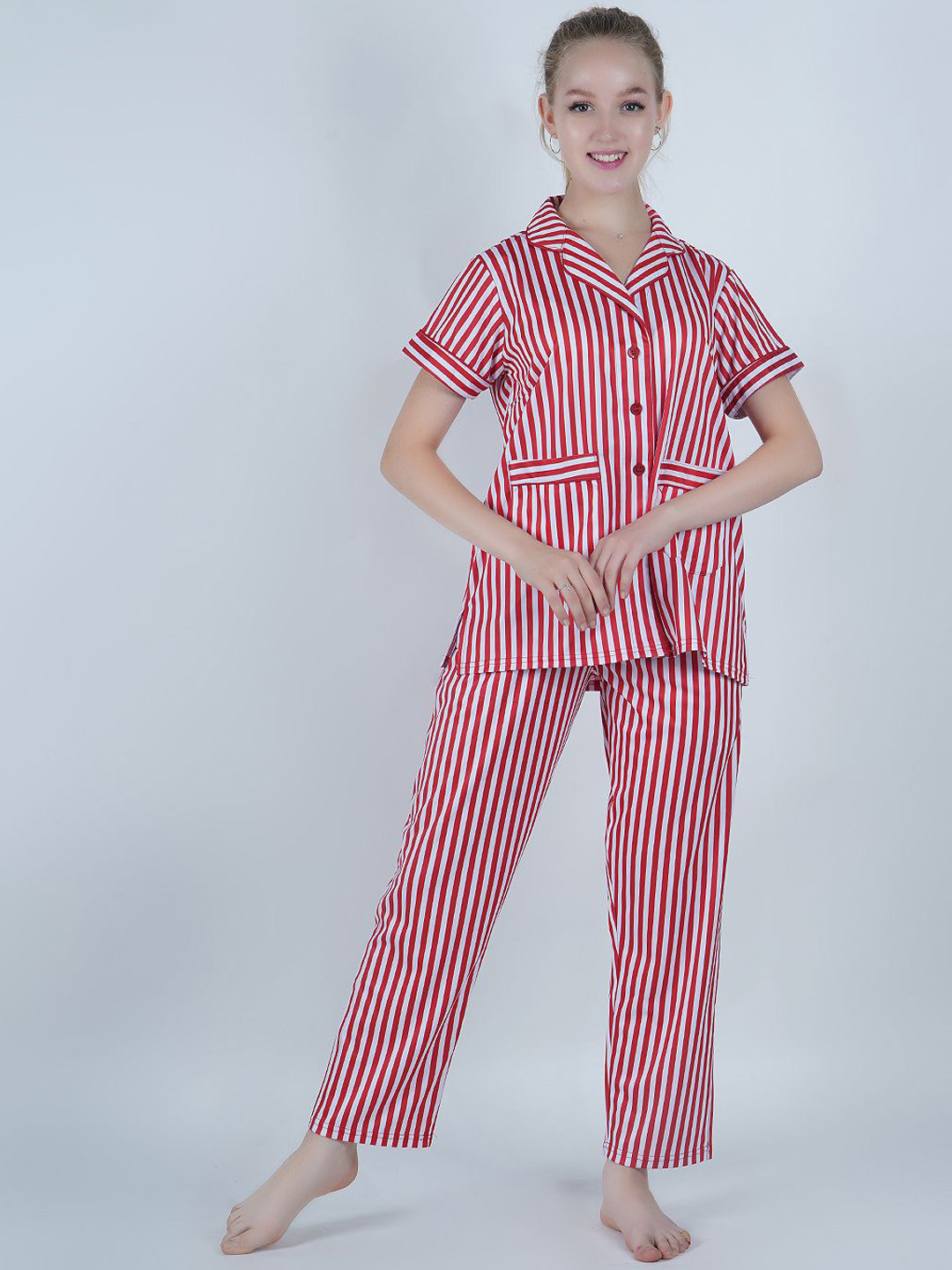 

SHYAM SONS FLAIR Women Striped Lapel Collar Night suit, Red