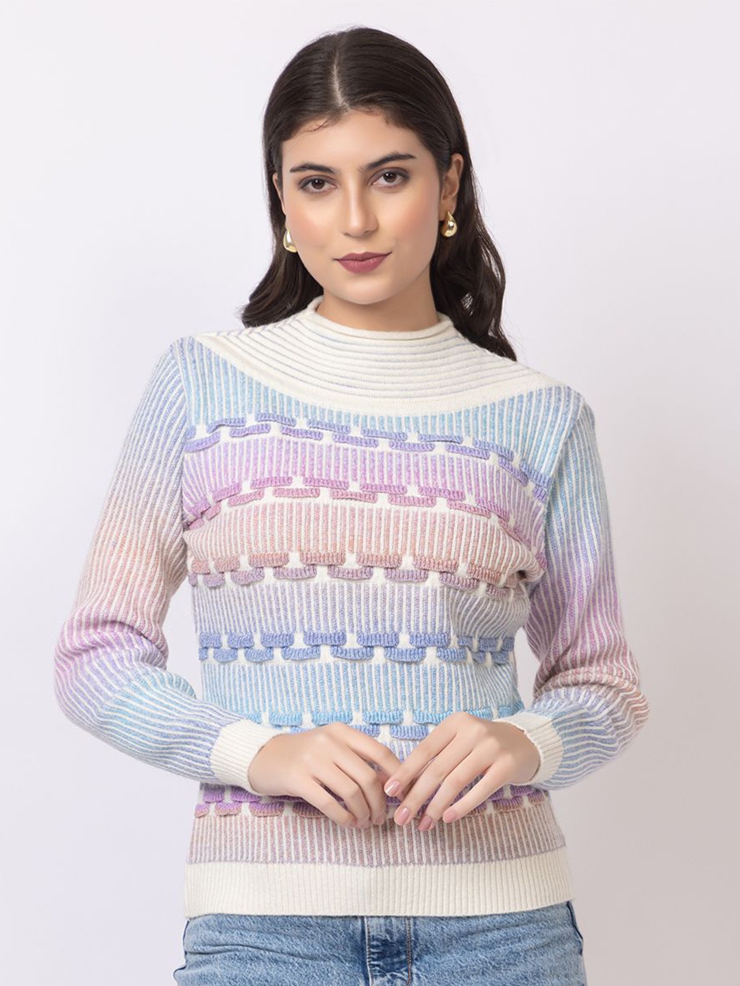 

GFO Women Striped Embroidered Woollen Sweater, Blue