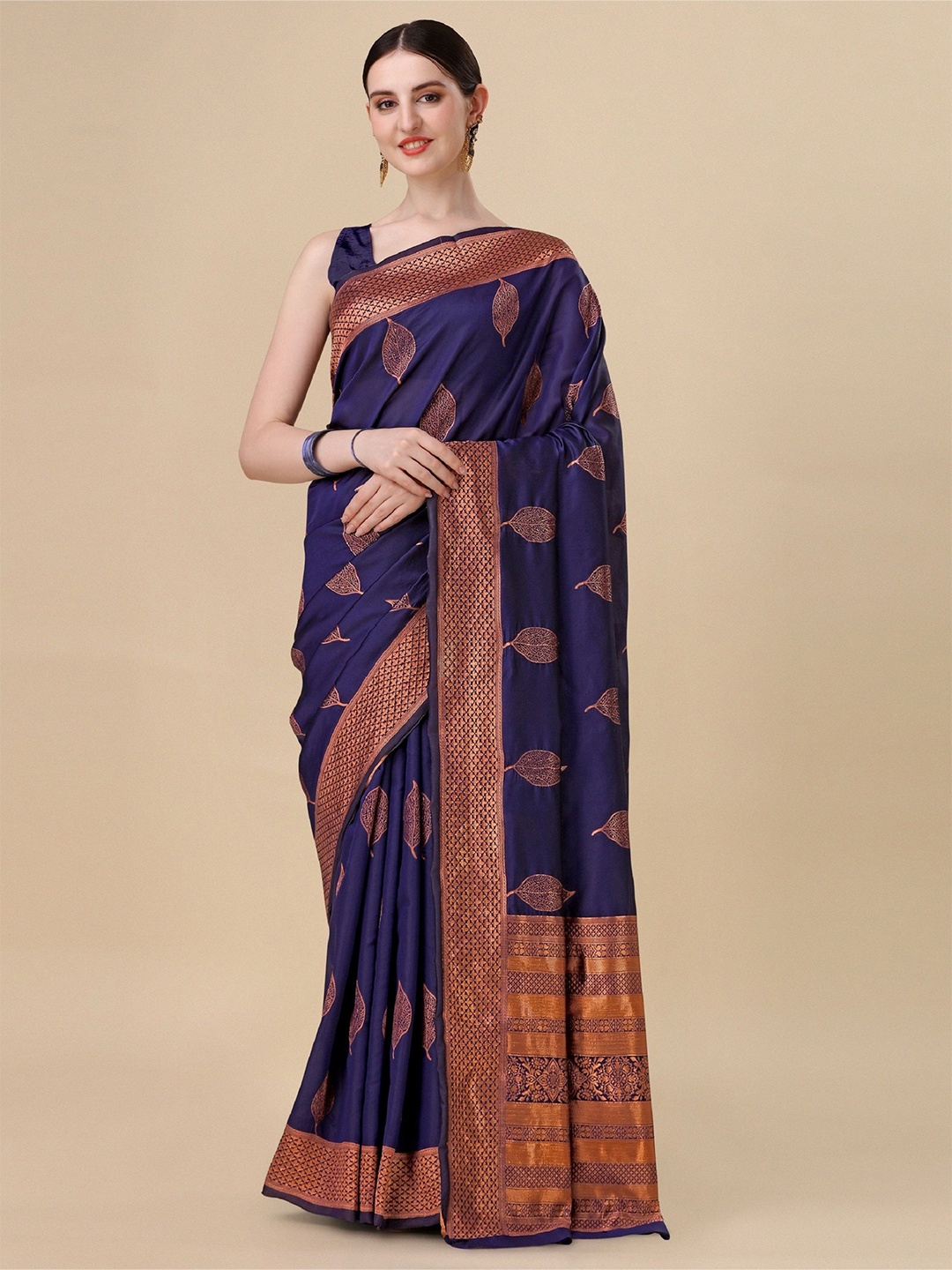 

QENY Woven Design Zari Banarasi Saree, Navy blue