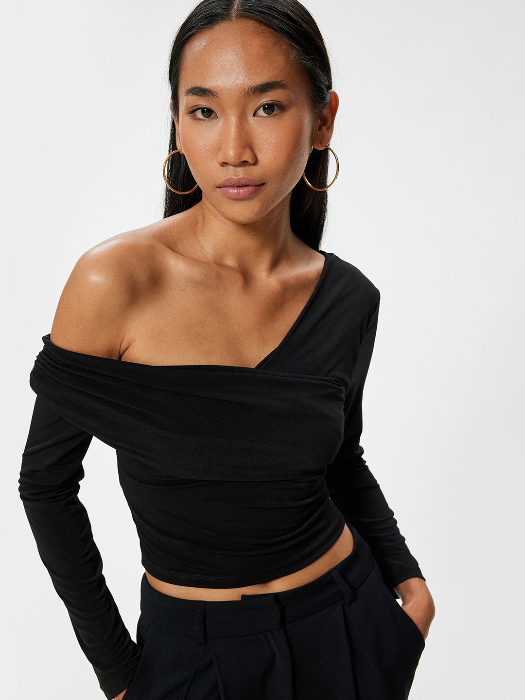 

Koton Women Solid One Shoulder Top, Black