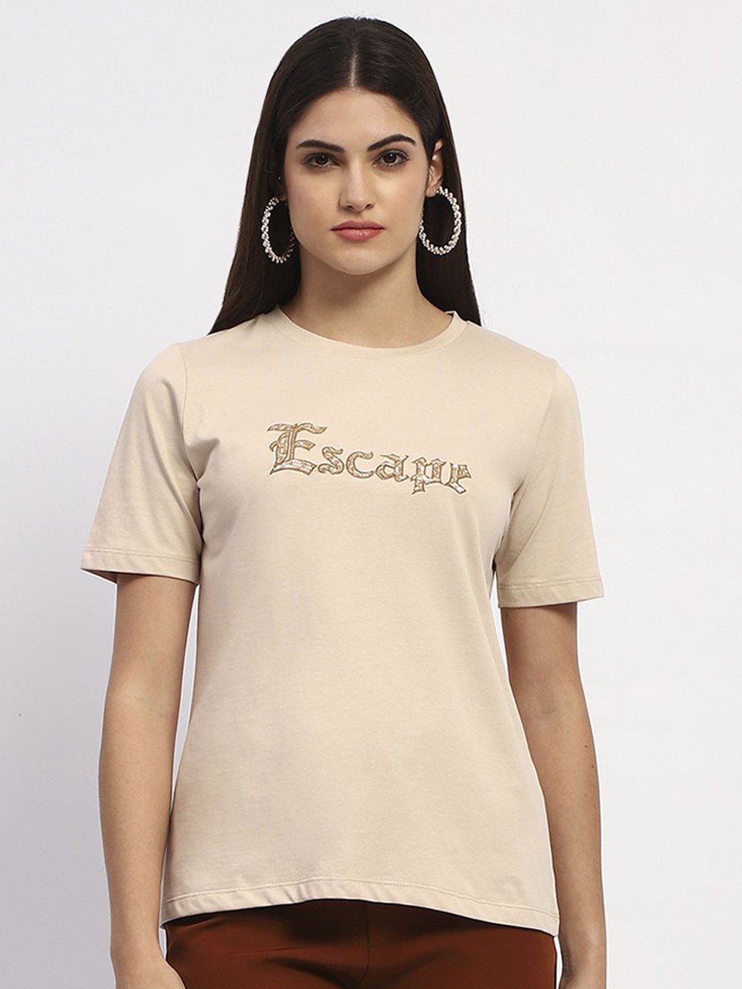 

Madame Women Typography Printed Round Neck Cotton Top, Beige