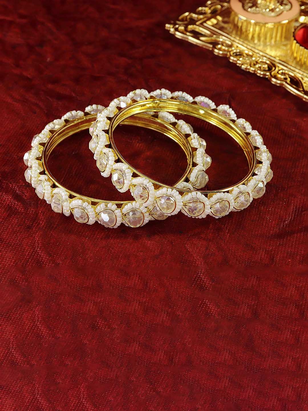 

ZULKA Set Of 2 Gold-Plated CZ & AD Stone Studded Pearls Beaded Bangles