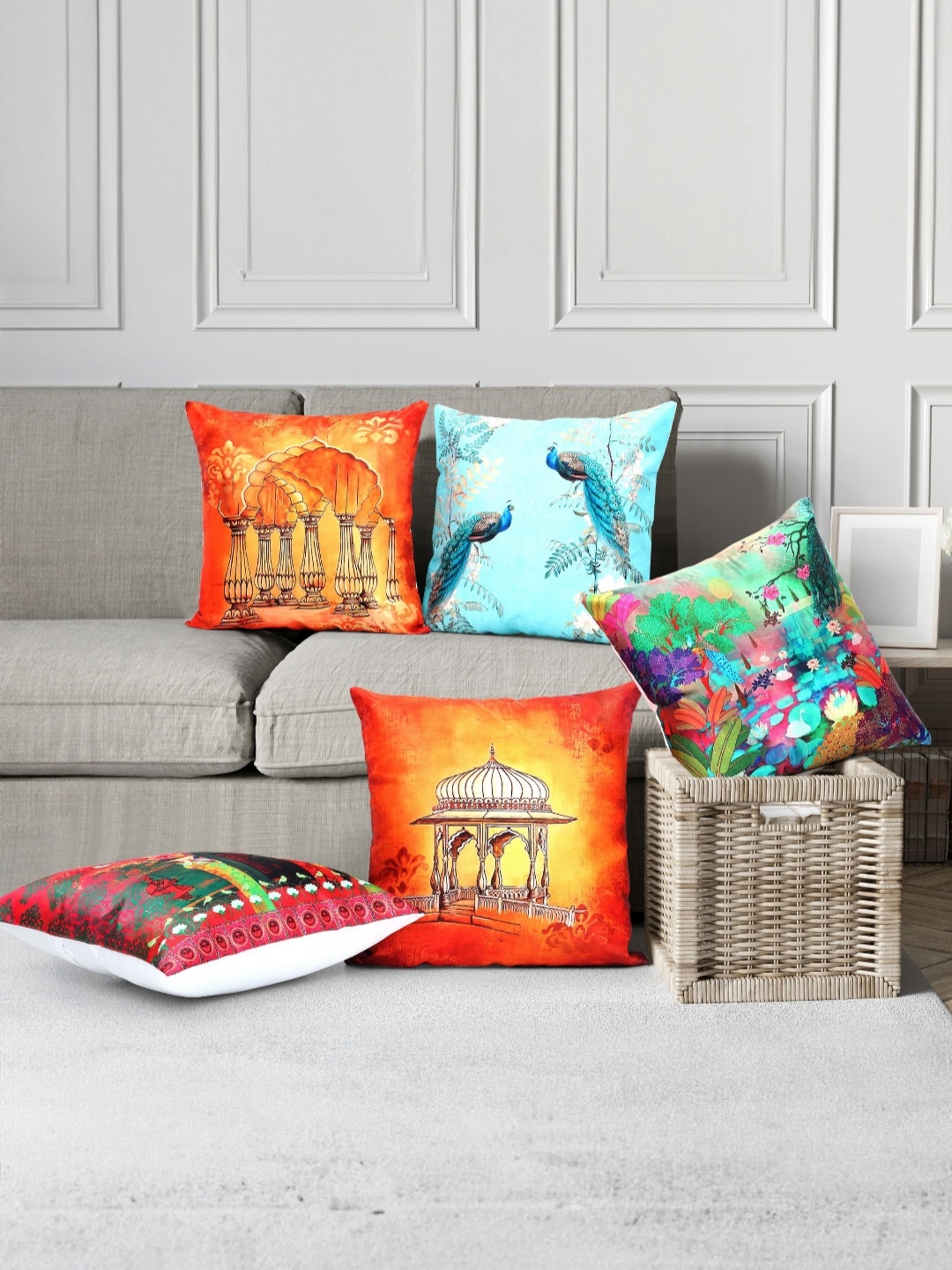 

Vendola Red & Blue 5 Pieces Ethnic Motifs Printed Satin Square Cushion Covers