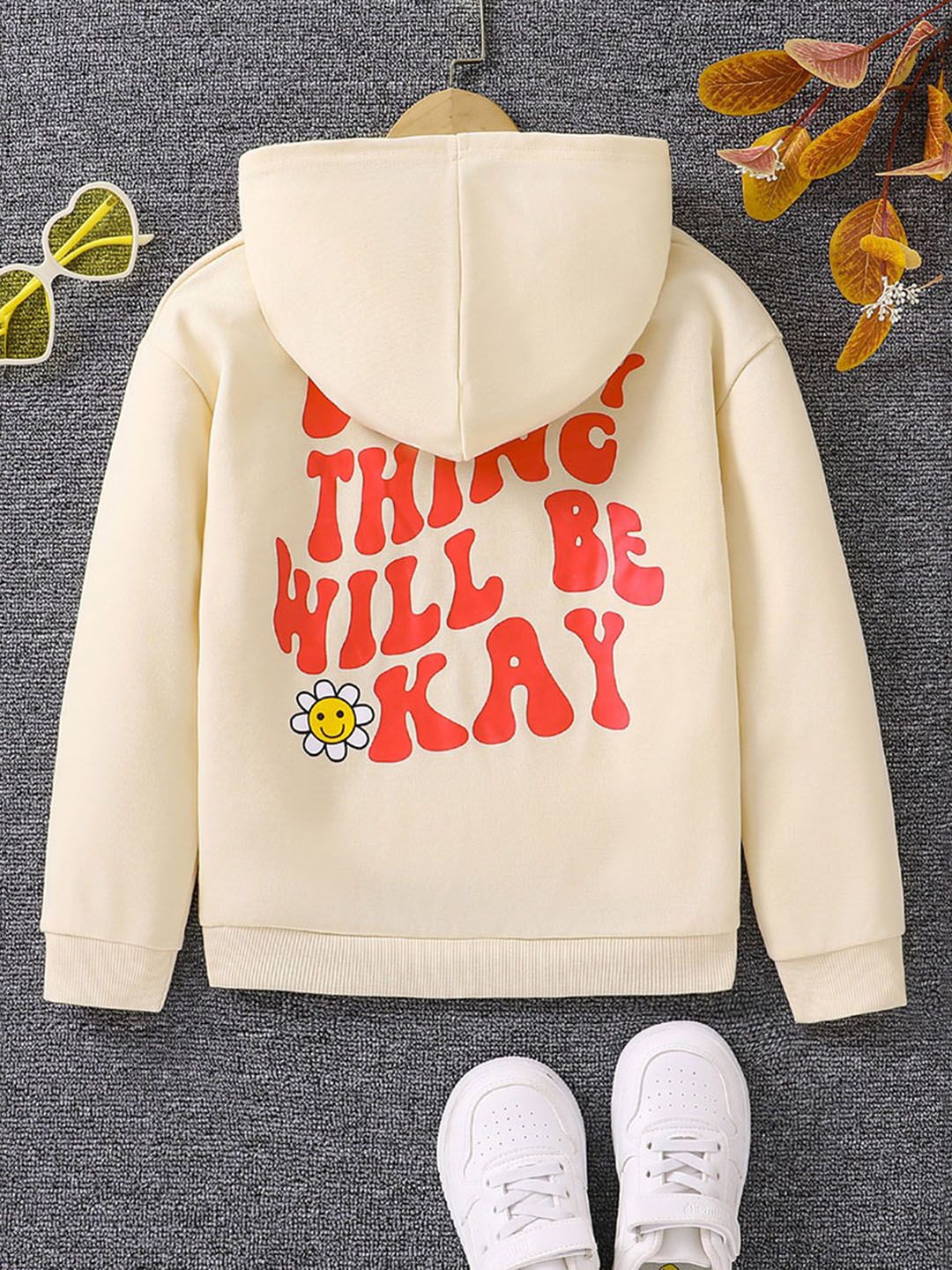 

INCLUD Girls Typography Printed Hooded Pullover Sweatshirt, Beige