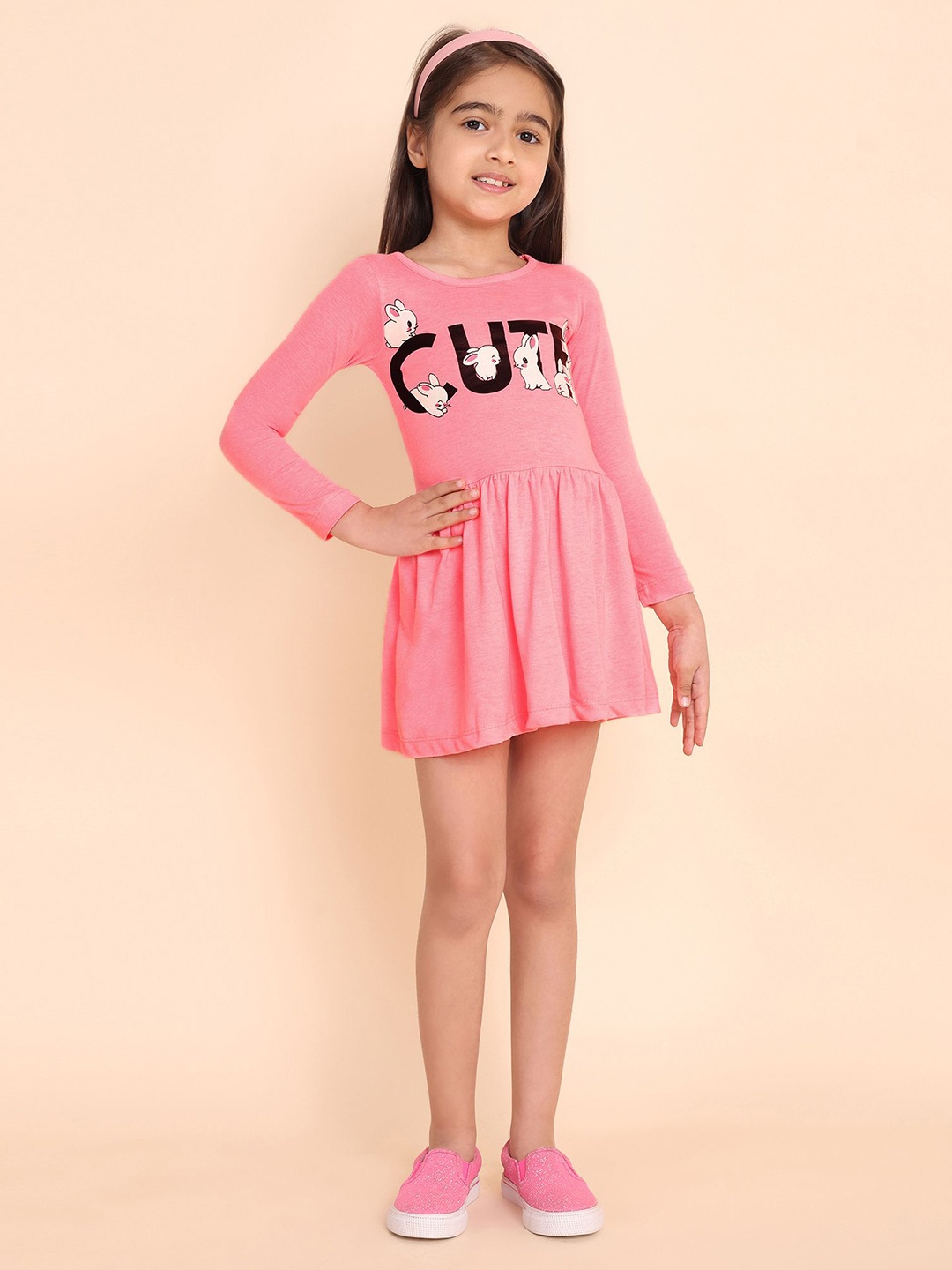 

YK Girls Typography Printed Fit & Flare Cotton Dress, Pink