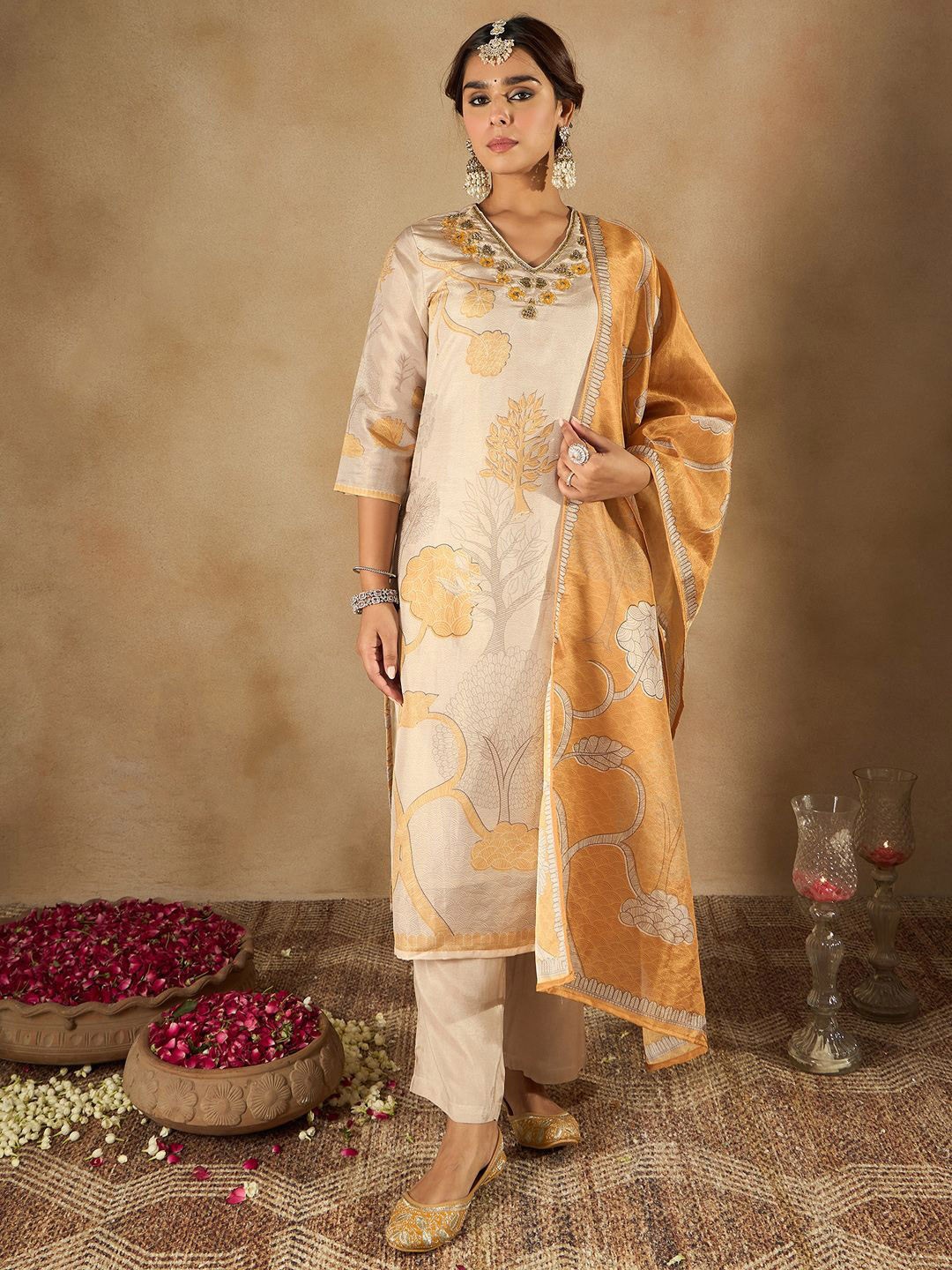 

Indo Era Women Floral Printed Regular Beads and Stones Kurta with Trousers & Dupatta, Off white
