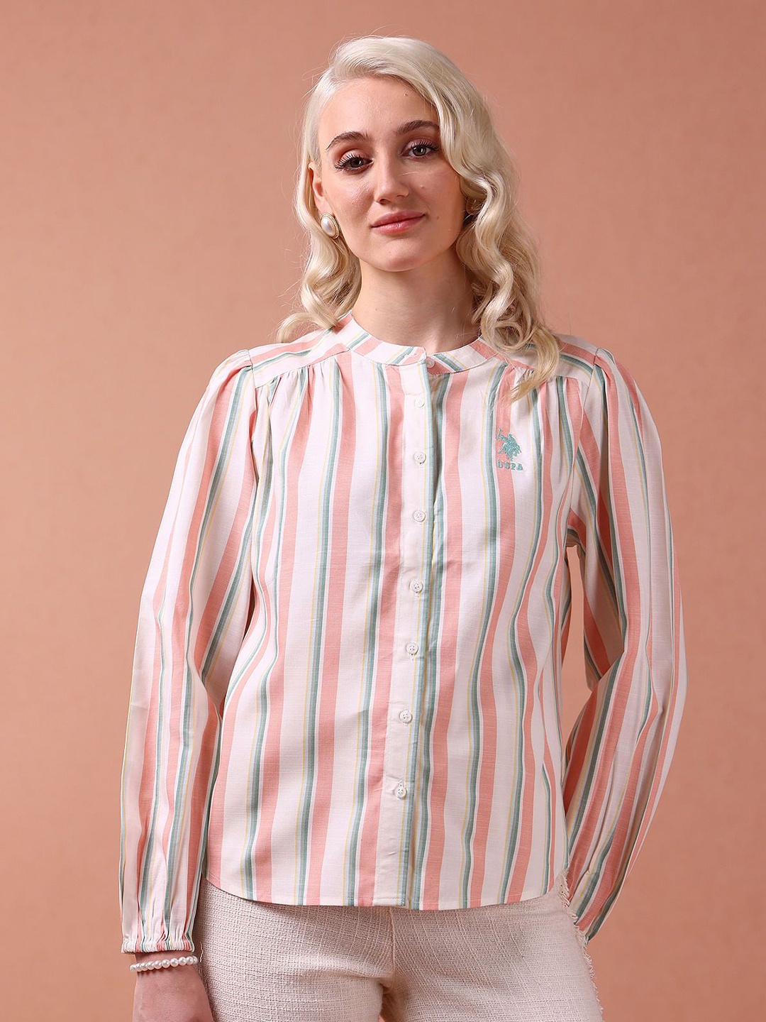

U.S. Polo Assn. Women Vertical Striped Mandarin Collar Pure Cotton Top, White