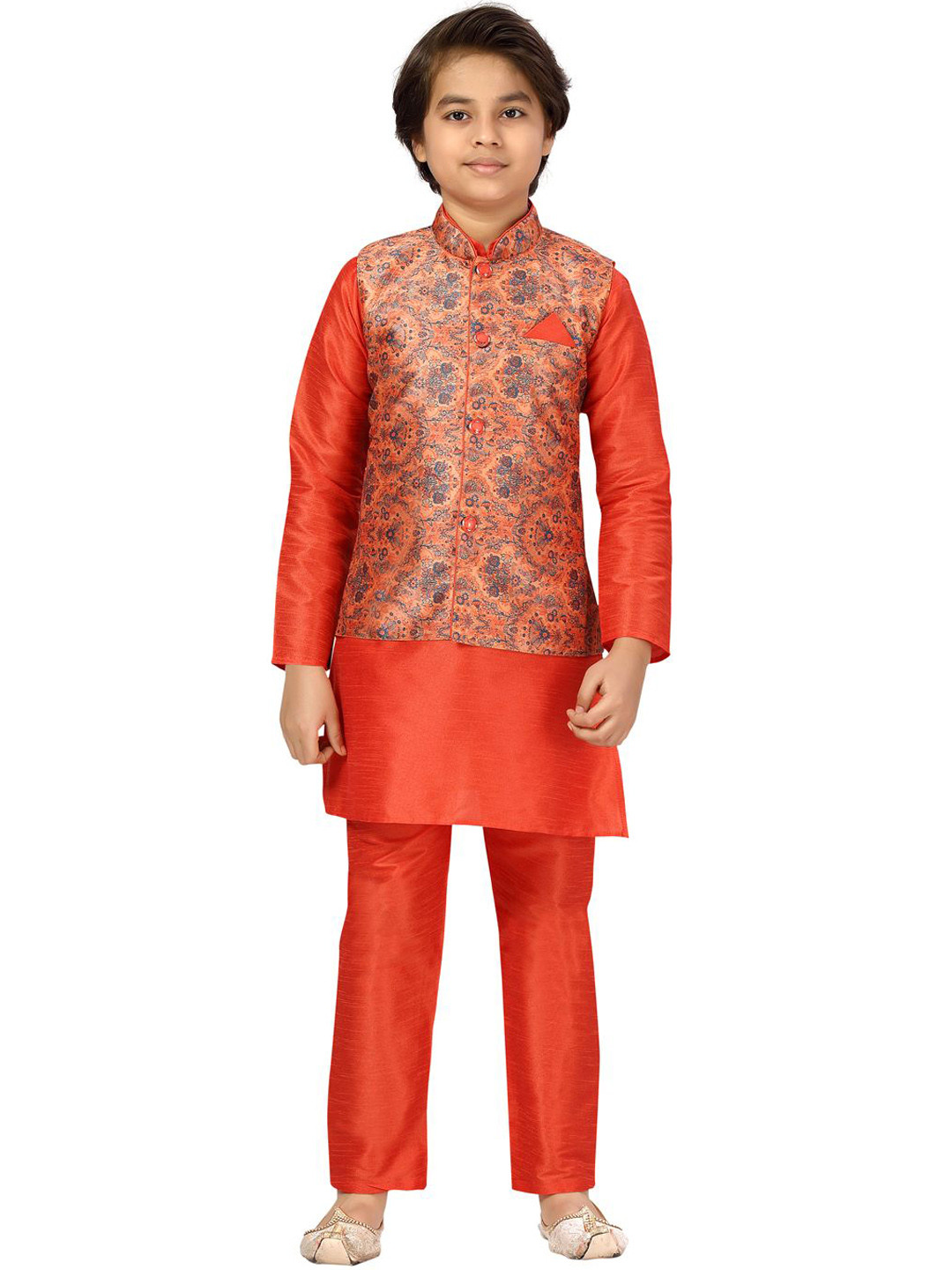 

BAESD Boys Pure Cotton Kurta & Pyjamas With Waistcoat, Orange