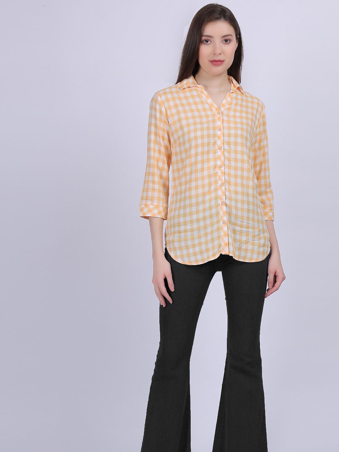 

Aumbe Women Comfort Spread Collar Gingham Checked Cotton Casual Shirt, Yellow