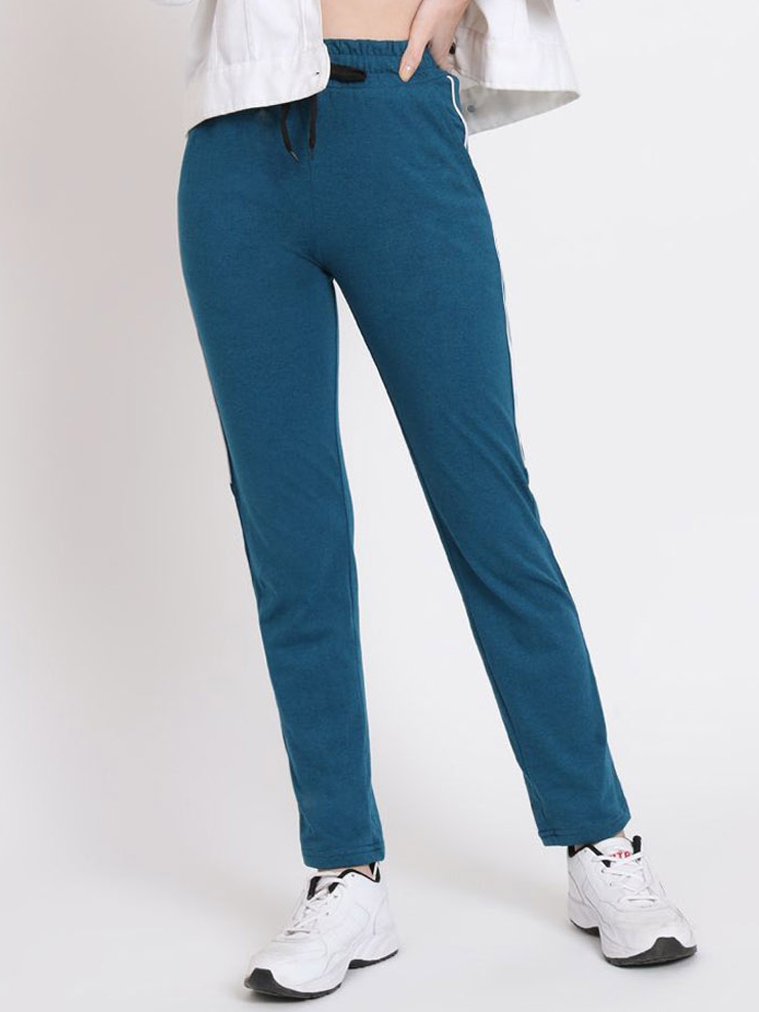 

Q-rious Women Solid Cotton Track Pants, Blue