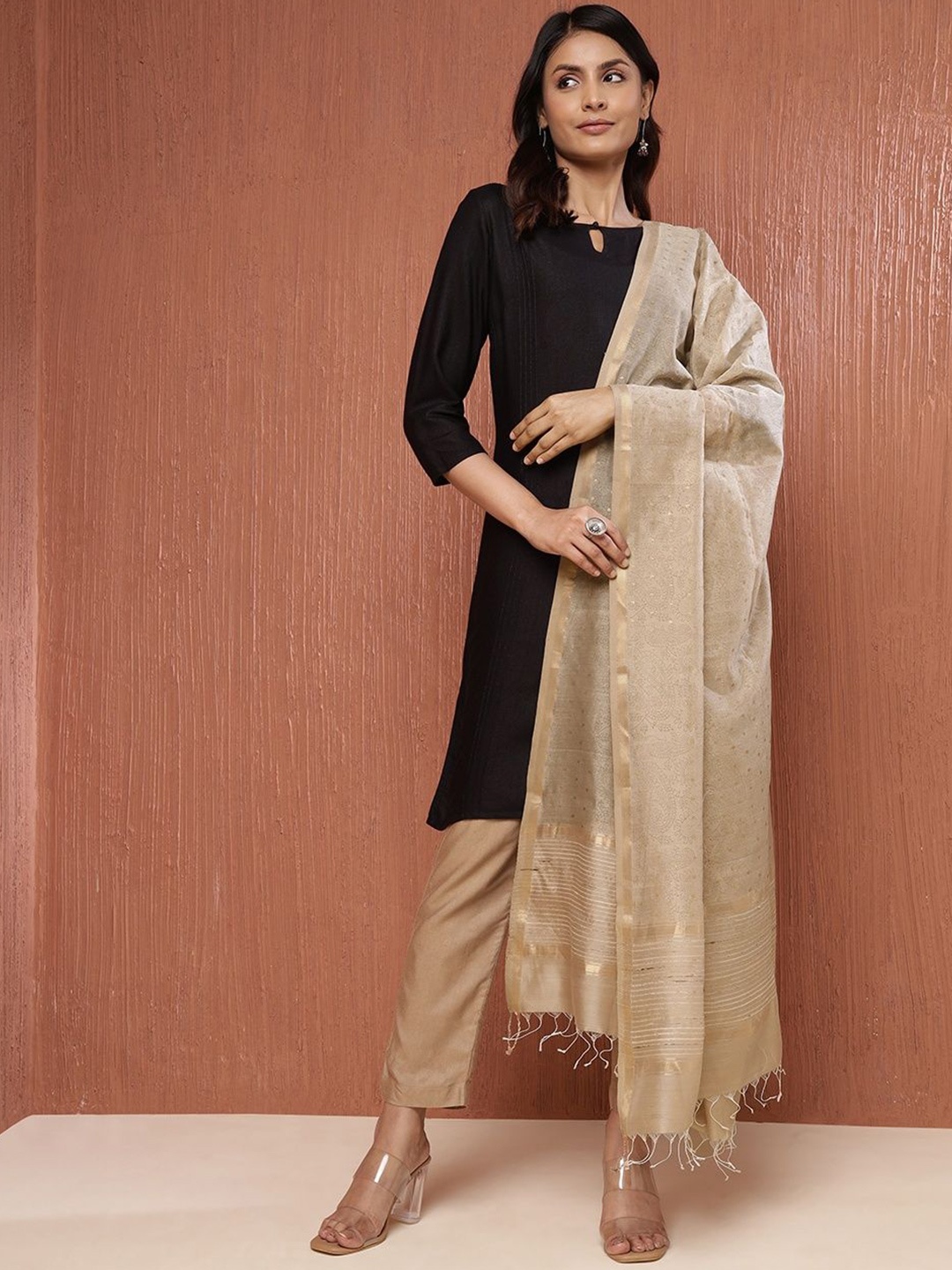 

Fabindia Ethnic Motifs Woven Design Cotton Silk Dupatta with Zari, Beige