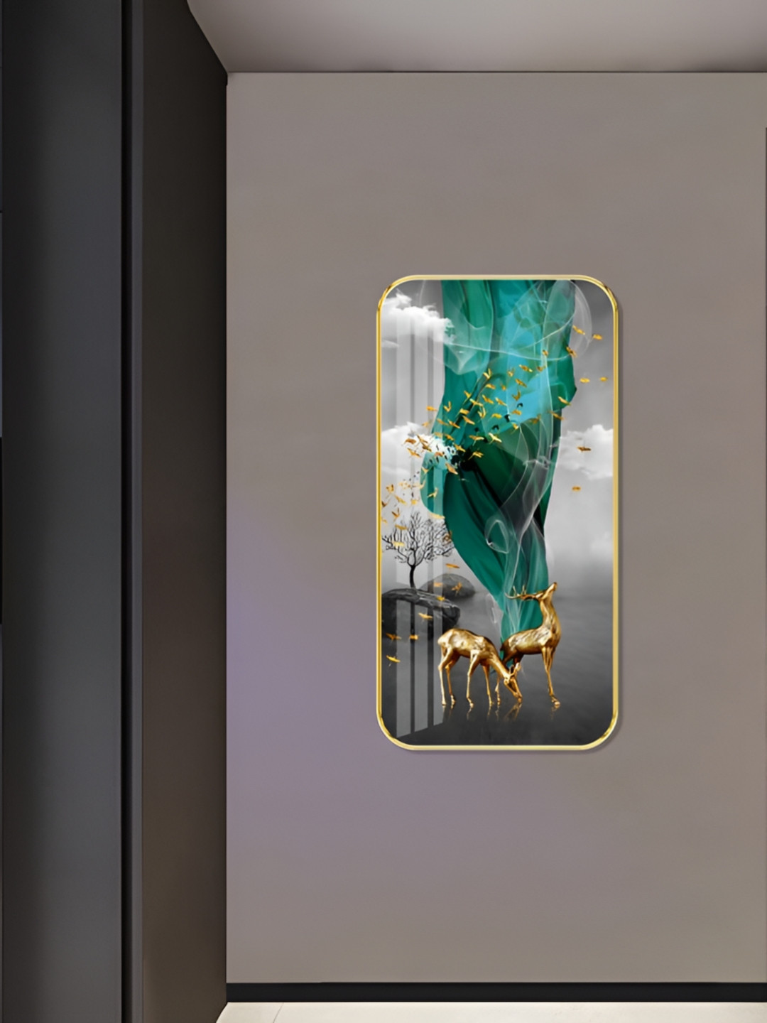 

WALLMAX Gold-Toned & Green Deer Wooden Painting Wall Art